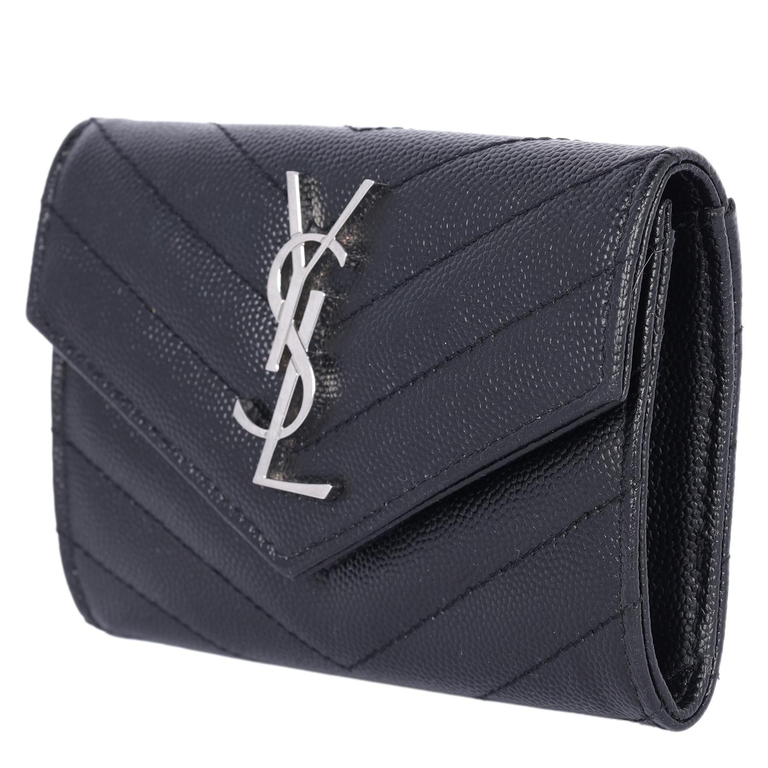 Women's Saint Laurent YSL Monogram Small Flap Wallet in Grained Leather Black