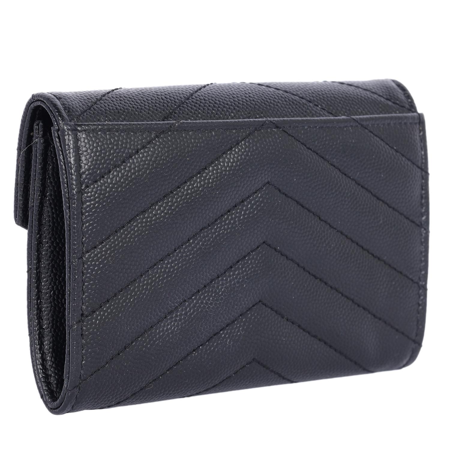 Saint Laurent YSL Monogram Small Flap Wallet in Grained Leather Black 2