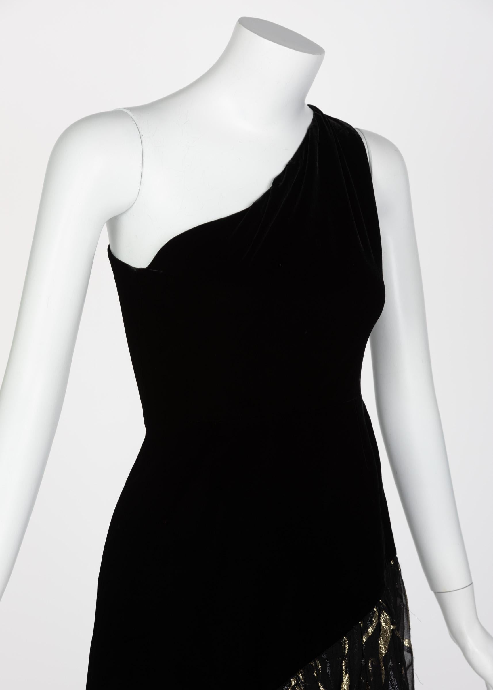 Saint Laurent YSL One shoulder Black Velvet Metallic Layered Dress, 1980s 6