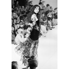 Saint Laurent YSL One shoulder Black Velvet Metallic Layered Dress, 1980s