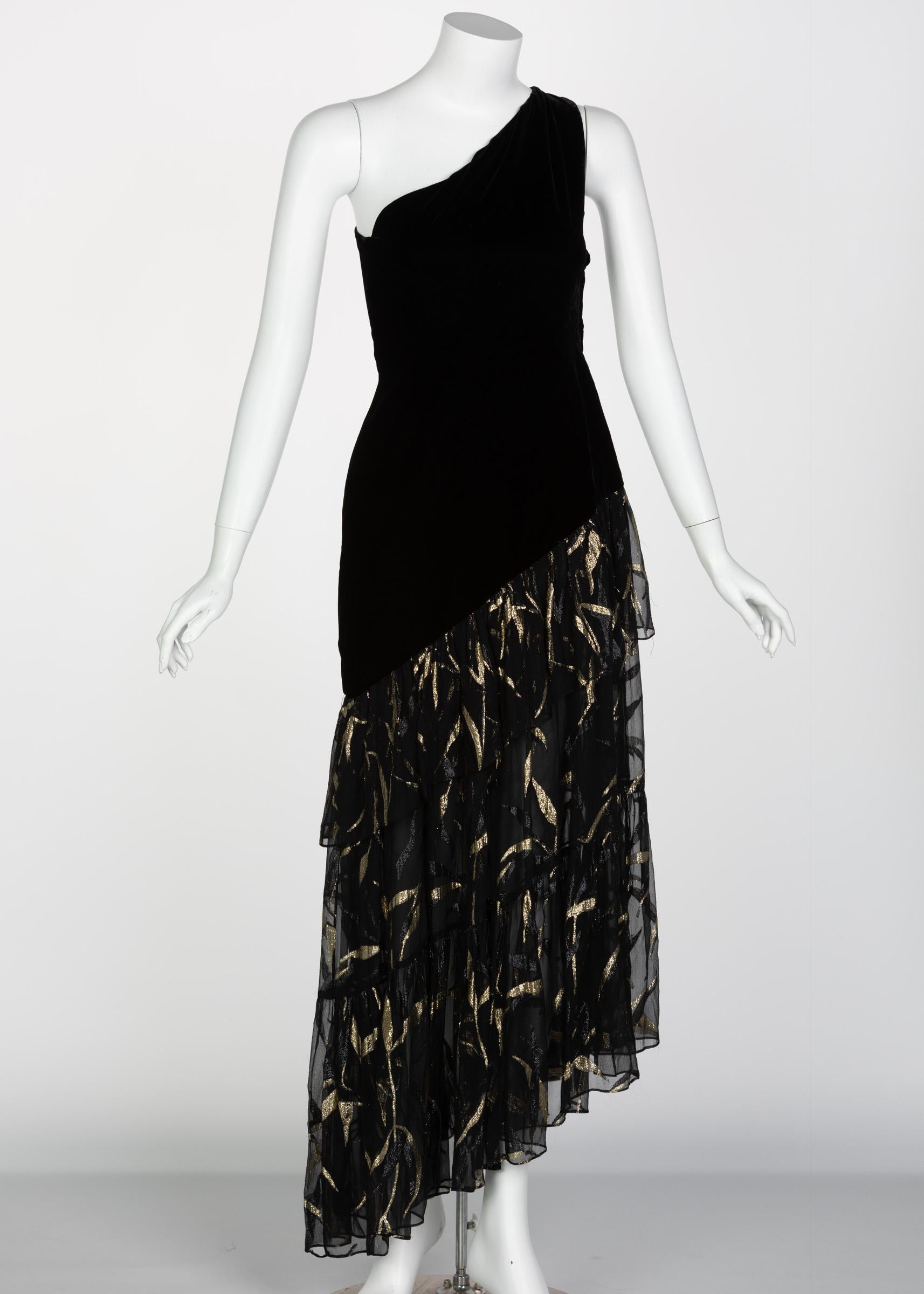 Saint Laurent YSL One shoulder Black Velvet Metallic Layered Dress, 1980s In Excellent Condition For Sale In Boca Raton, FL