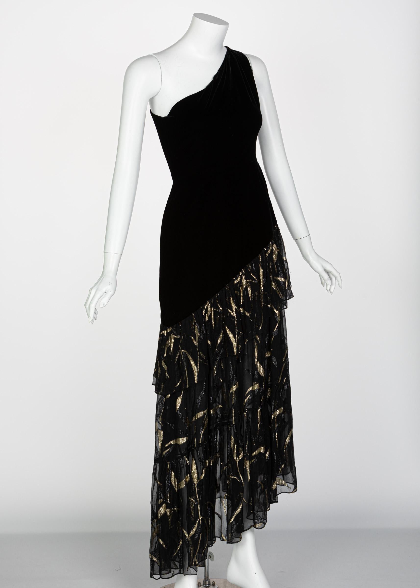 Saint Laurent YSL One shoulder Black Velvet Metallic Layered Dress, 1980s In Excellent Condition In Boca Raton, FL