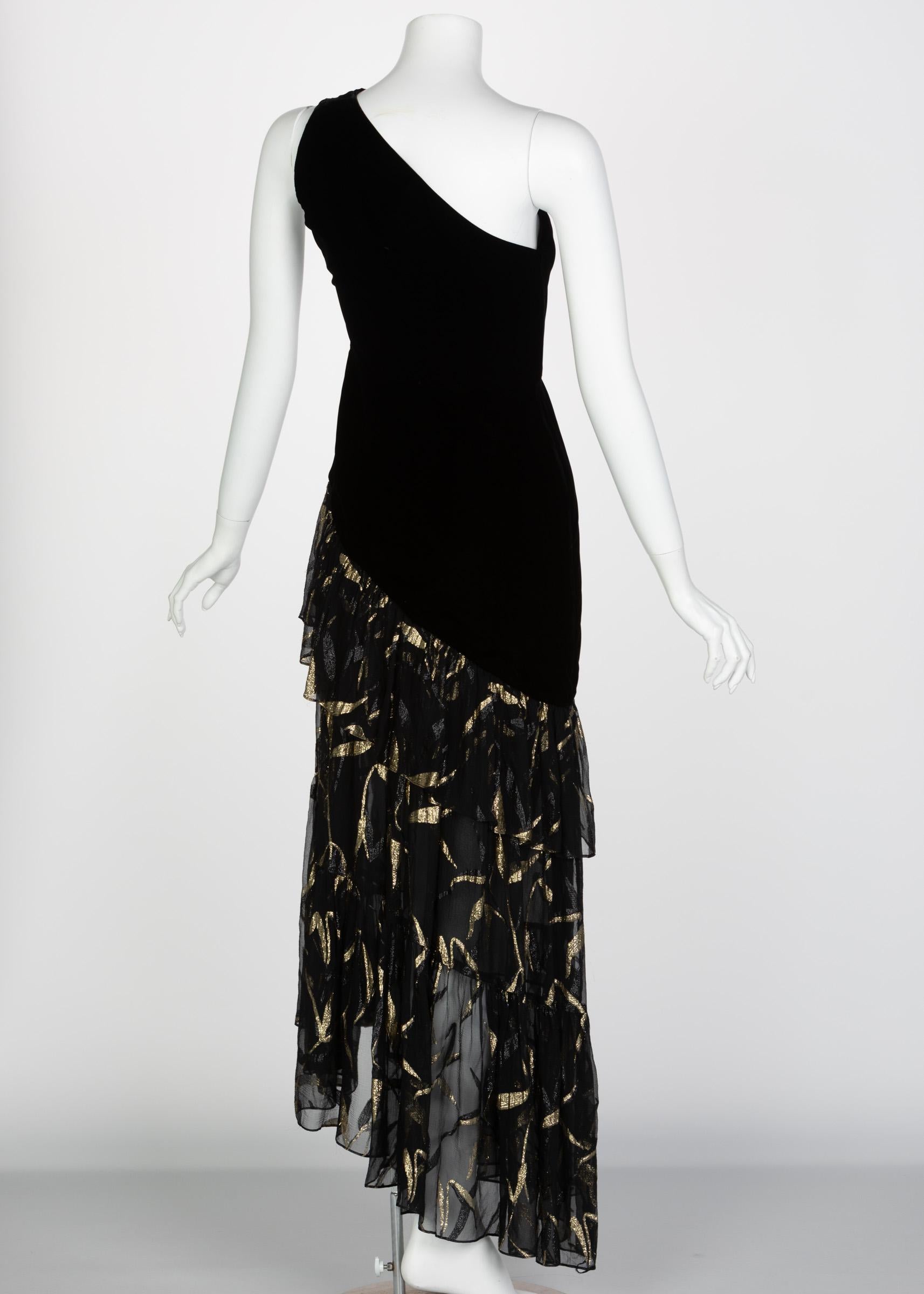 Saint Laurent YSL One shoulder Black Velvet Metallic Layered Dress, 1980s For Sale 1