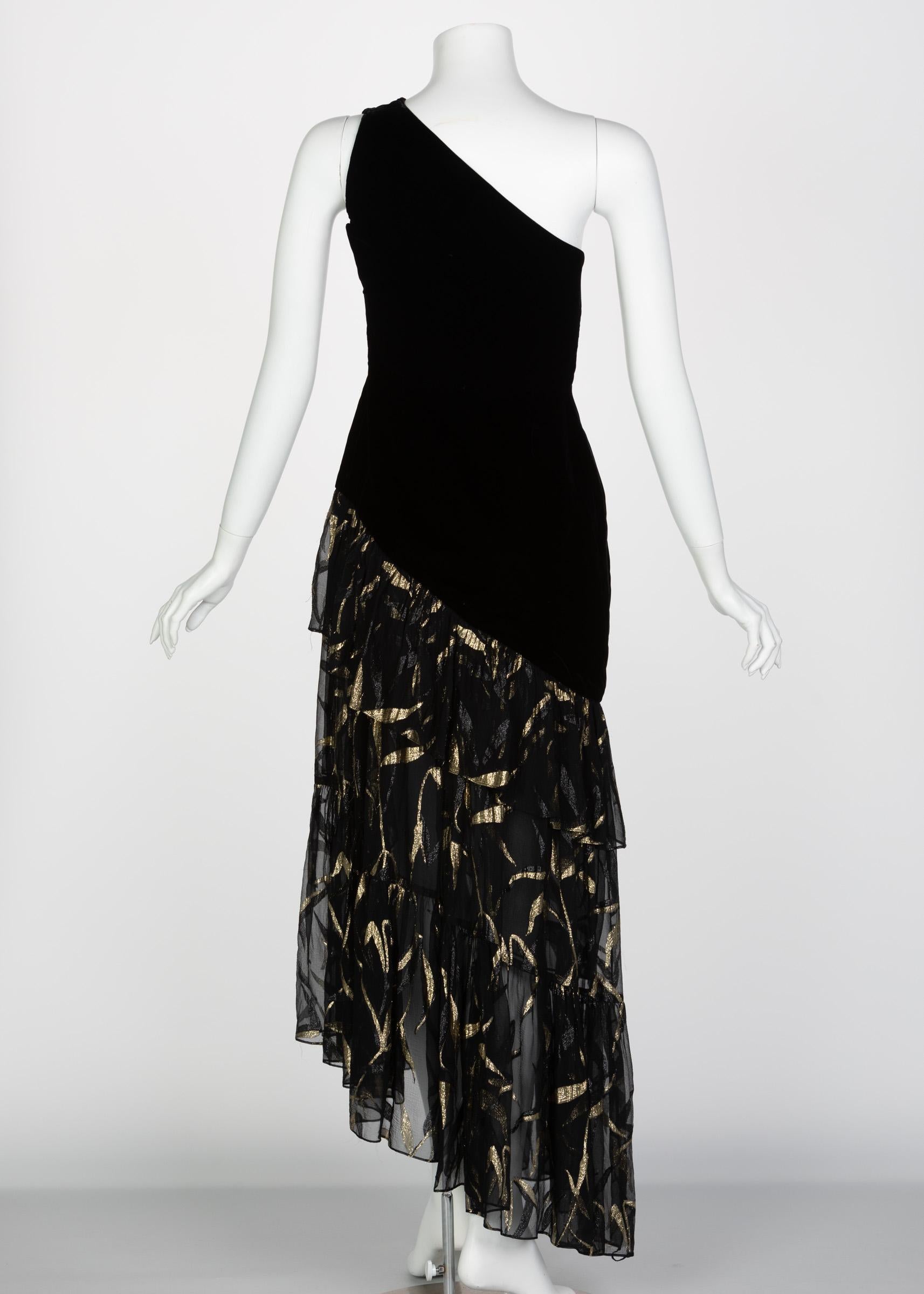 Saint Laurent YSL One shoulder Black Velvet Metallic Layered Dress, 1980s 1