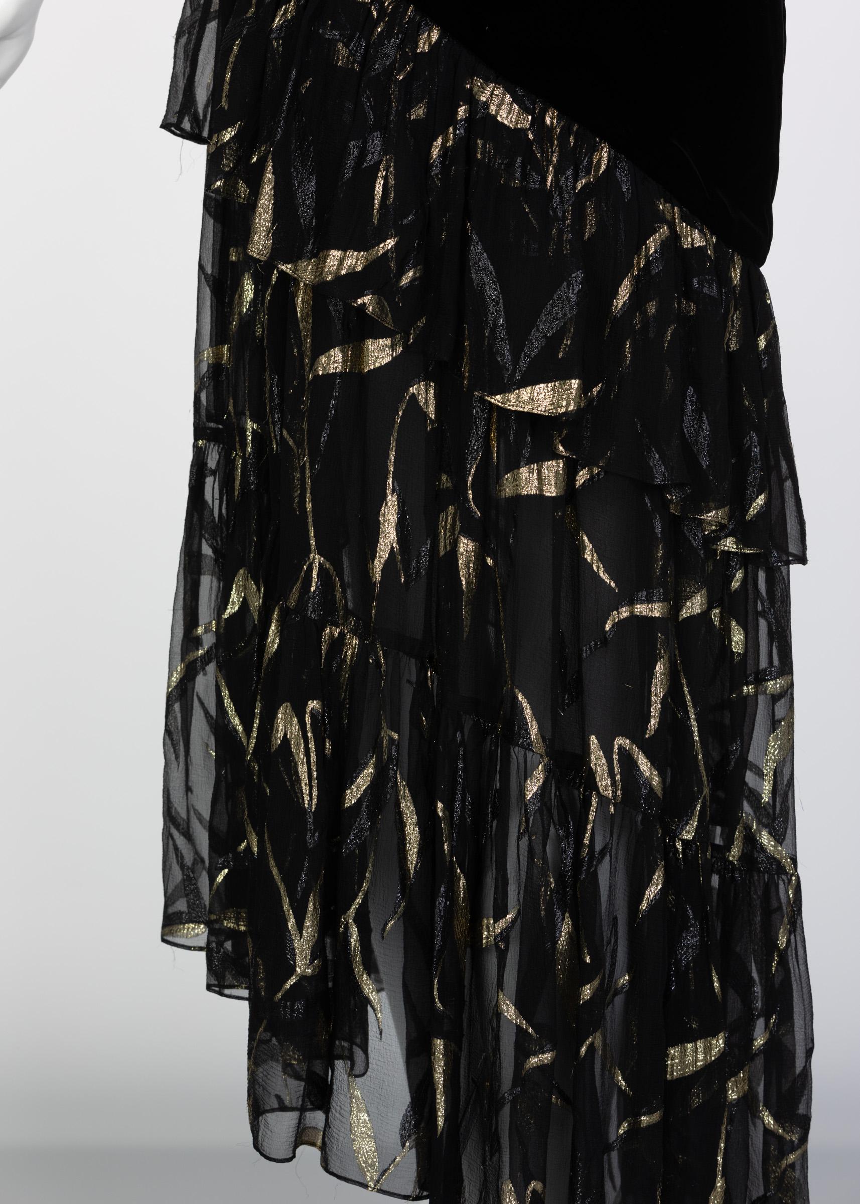 Saint Laurent YSL One shoulder Black Velvet Metallic Layered Dress, 1980s 3