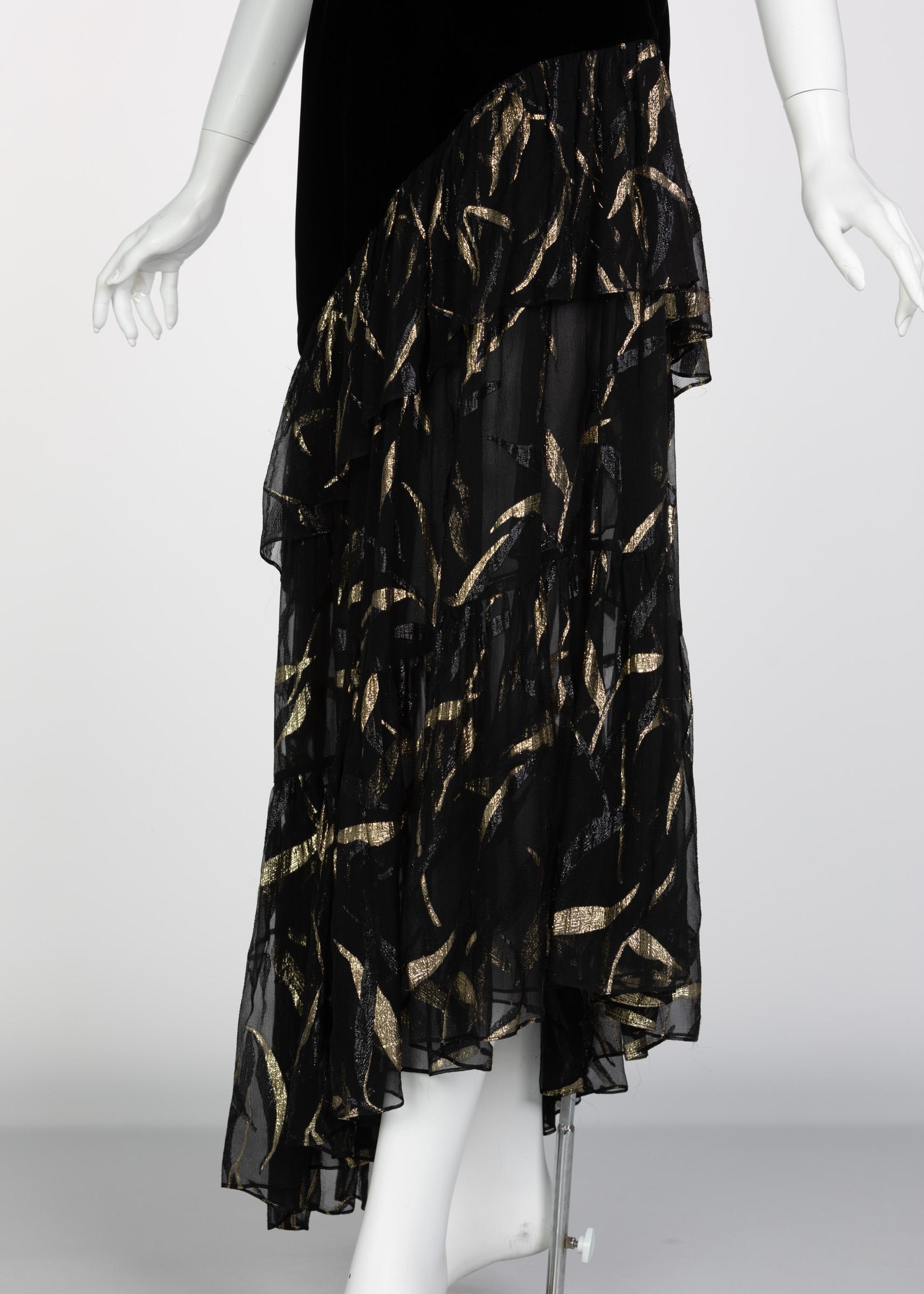 Saint Laurent YSL One shoulder Black Velvet Metallic Layered Dress, 1980s 4