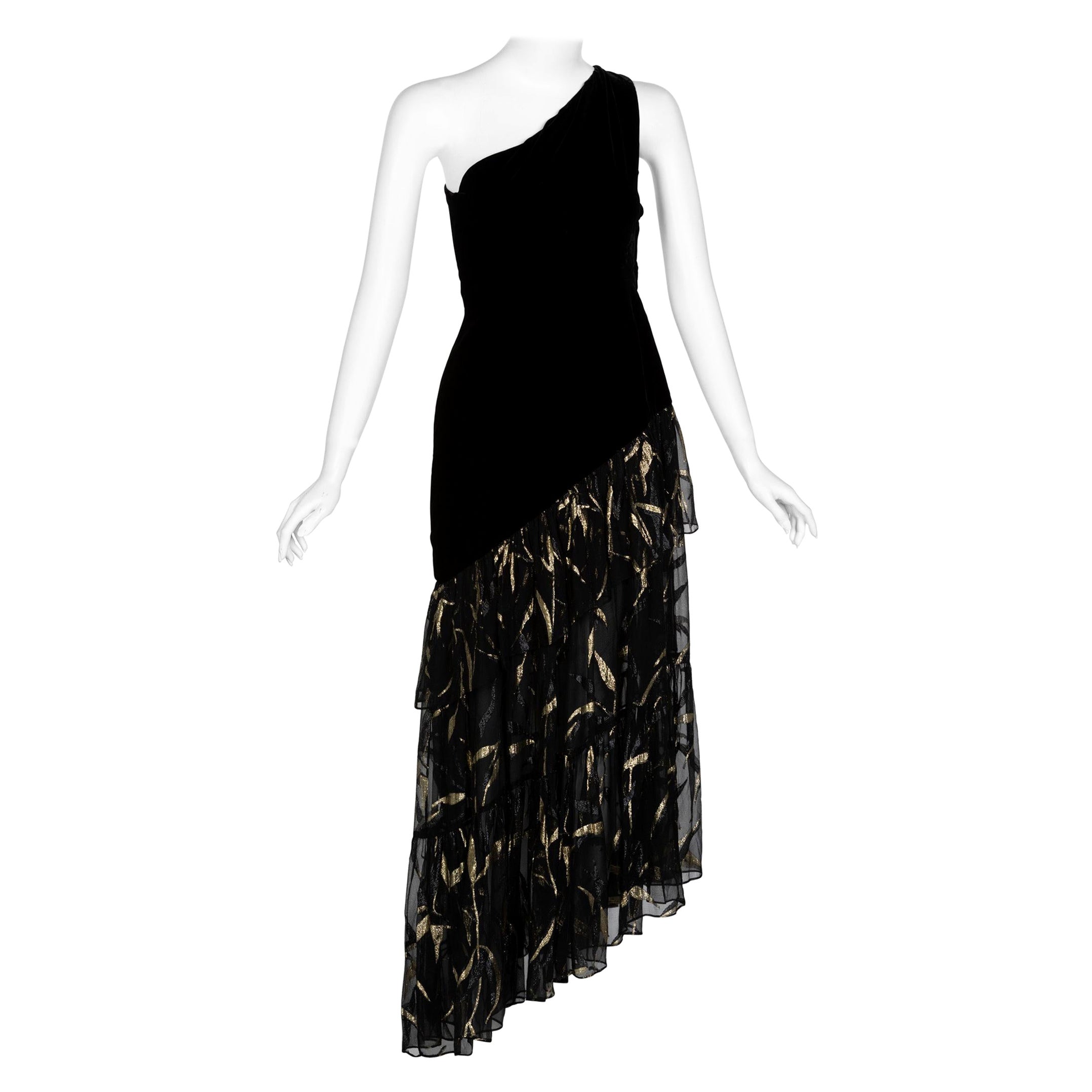 Saint Laurent YSL Vestito monospalla in velluto nero metallizzato a strati, anni '80