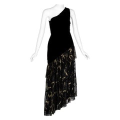 Saint Laurent YSL One shoulder Black Velvet Metallic Layered Dress, 1980