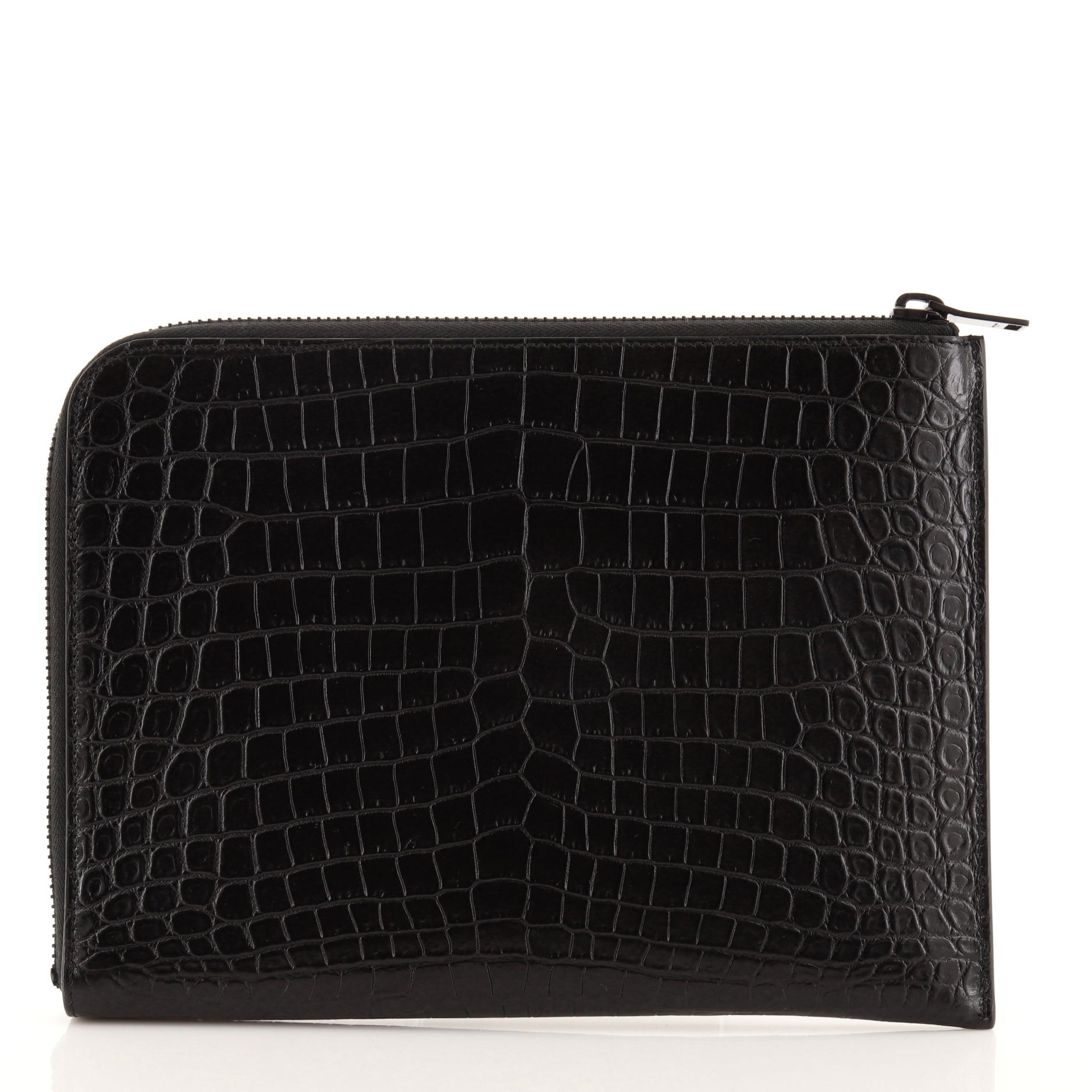 Saint Laurent Rider Zipped Document Holder Crocodile Embossed Leather Medium. Minor wear on base corners and in interior, scuffs on exterior, scratches on hardware. 

78850MSC