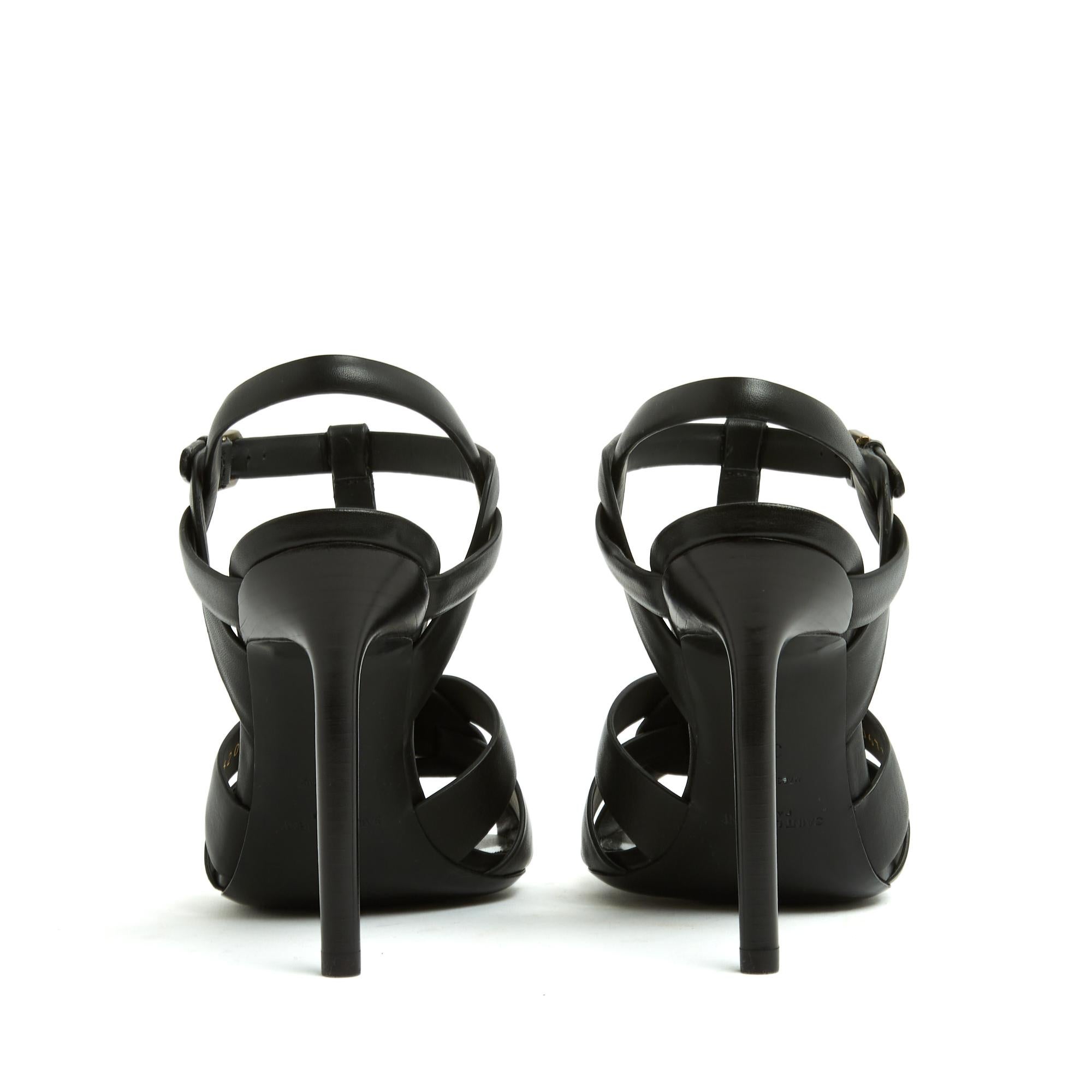 Saint Laurent YSL Sandales FR38 Black Leather Neo Tribute Heels Pumps UK5 US7.5 For Sale 1