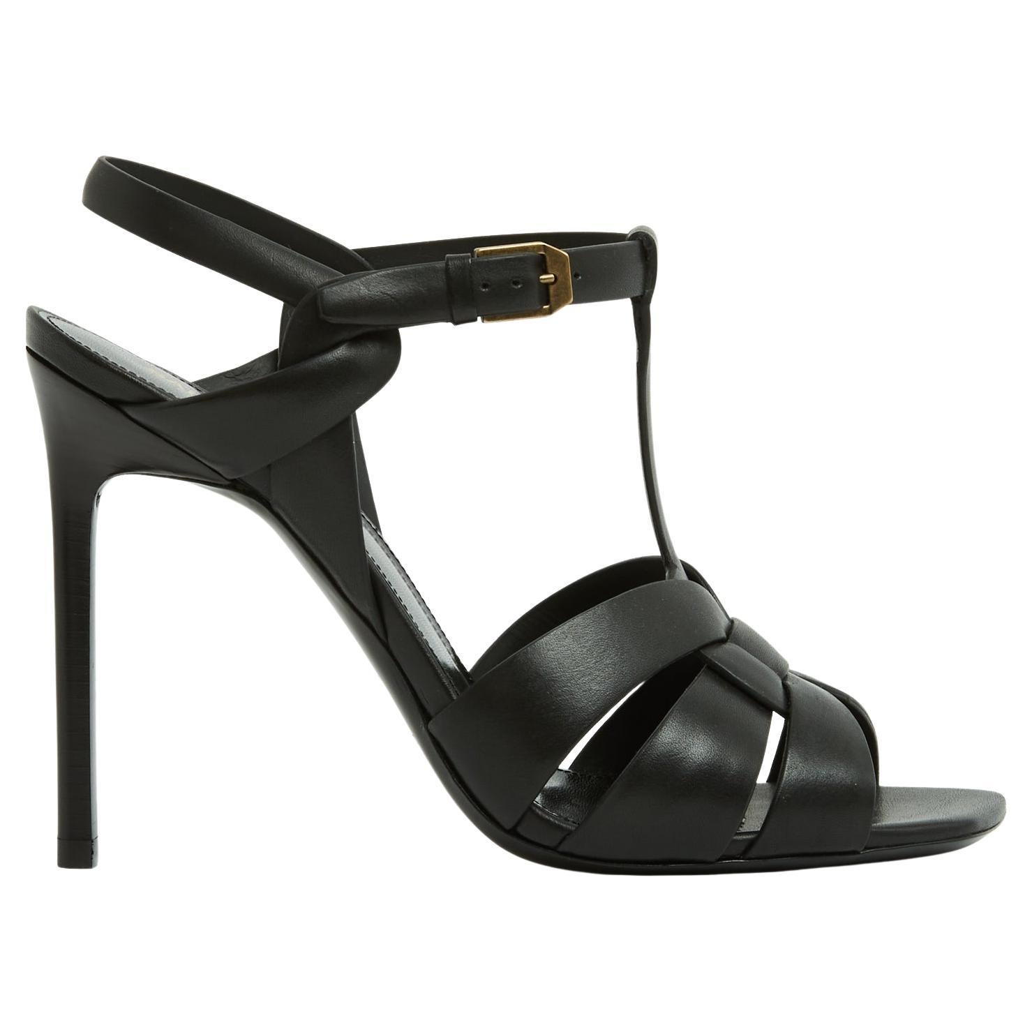 Saint Laurent YSL Sandales FR38 Black Leather Neo Tribute Heels Pumps UK5 US7.5 For Sale