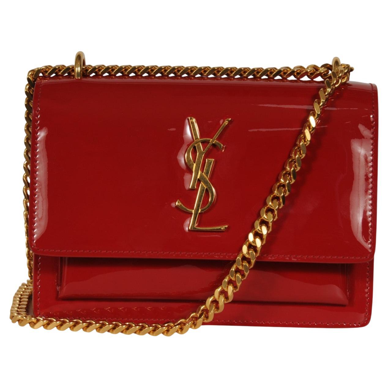 Saint Laurent YSL Sunset Bag Red Patent Leather Gold Hardware Flap Bag Size Smal For Sale