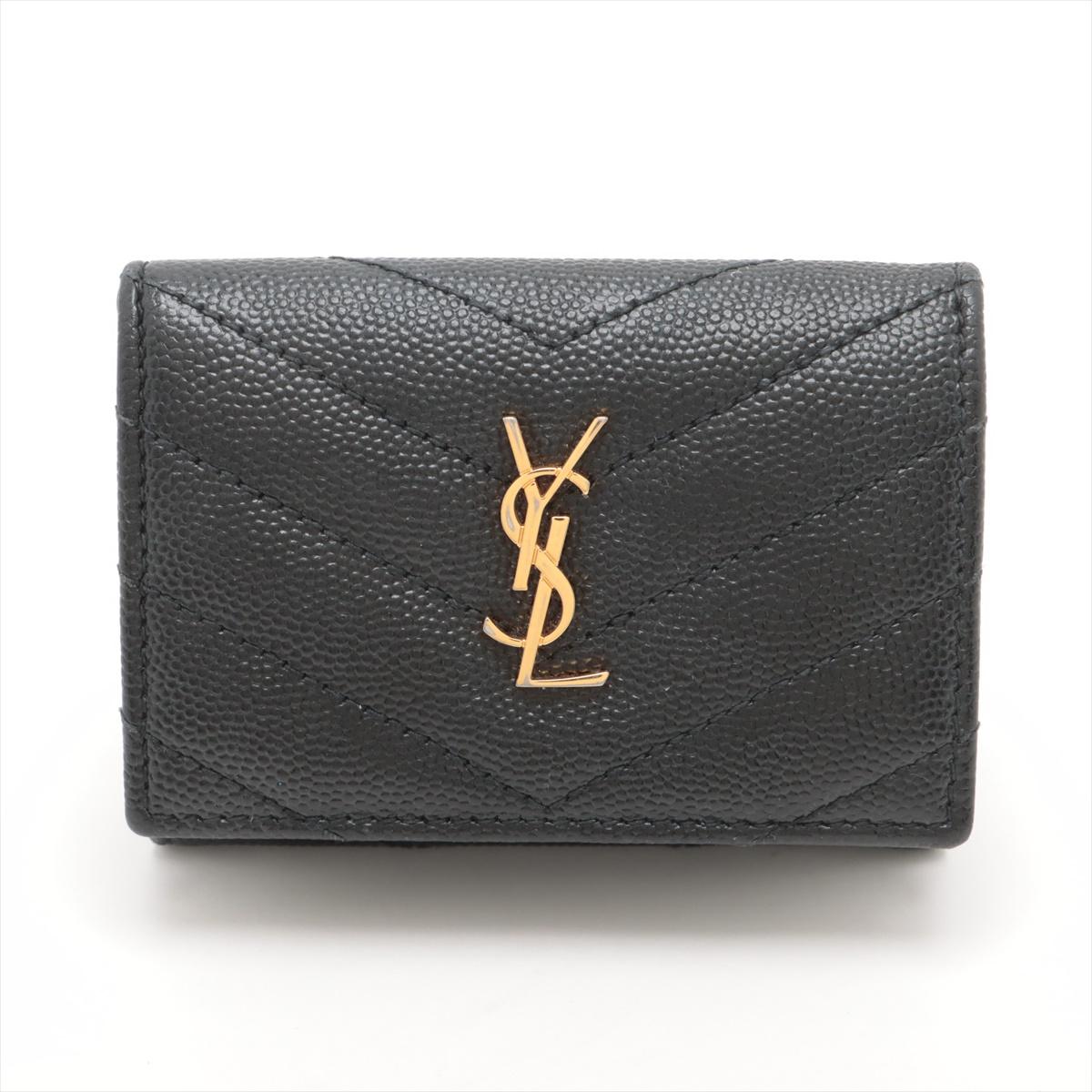 The Saint Laurent YSL Trifold Wallet in Black V Stitch is a refined and stylish accessory, crafted from premium leather with an elegant V-stitch quilted design. Featuring the iconic YSL logo in gold-tone  hardware, the compact wallet offers a