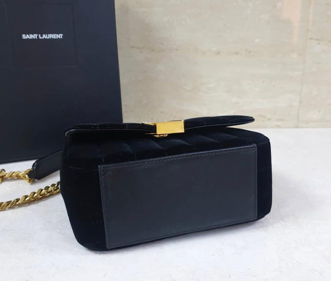 Women's Saint Laurent YSL Vicky Small Black Velvet Monogram Matelasse Gold Crossbody Bag