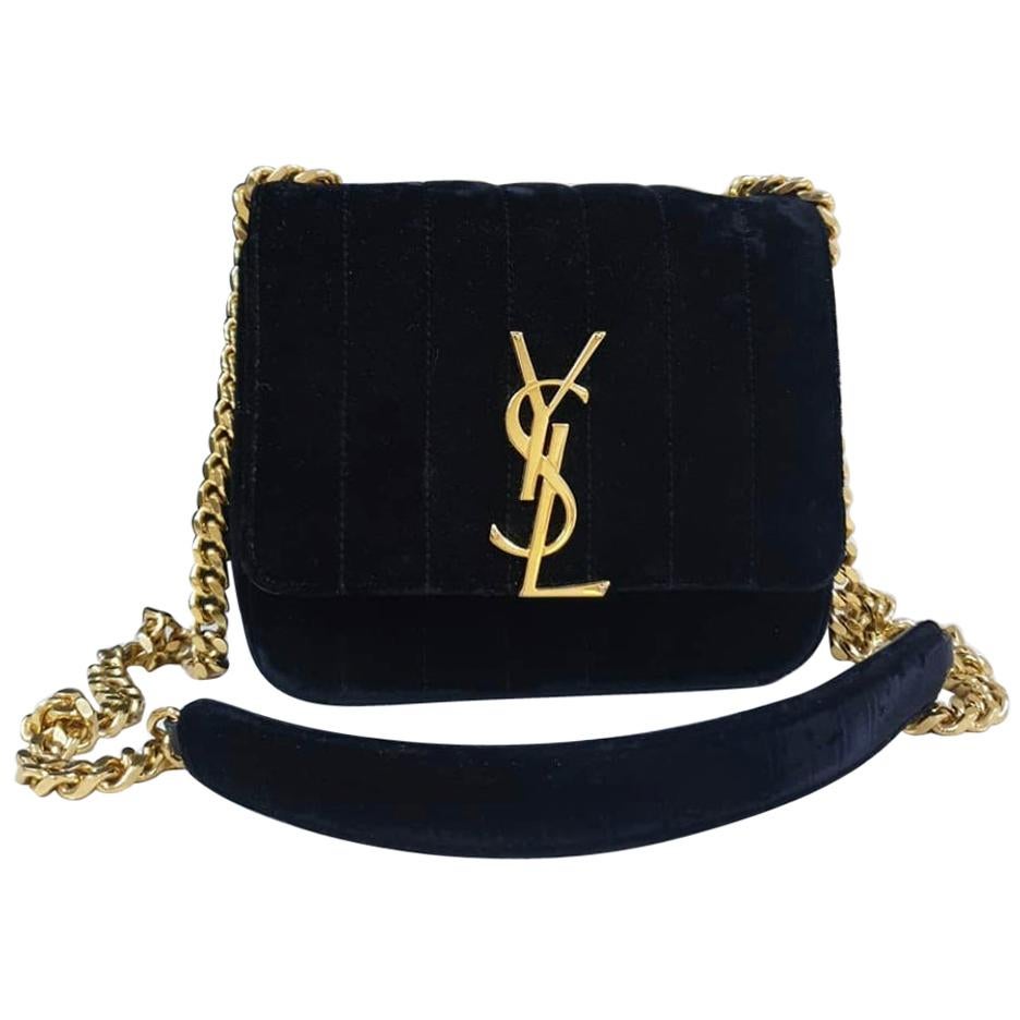 Saint Laurent YSL Vicky Small Black Velvet Monogram Matelasse Gold Crossbody Bag