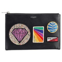 Saint Laurent Zip Pouch Patch Embellished Leather Small