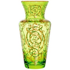 Saint-Louis Apollinaire Chartreuse-Green Vase with Gold Engraving