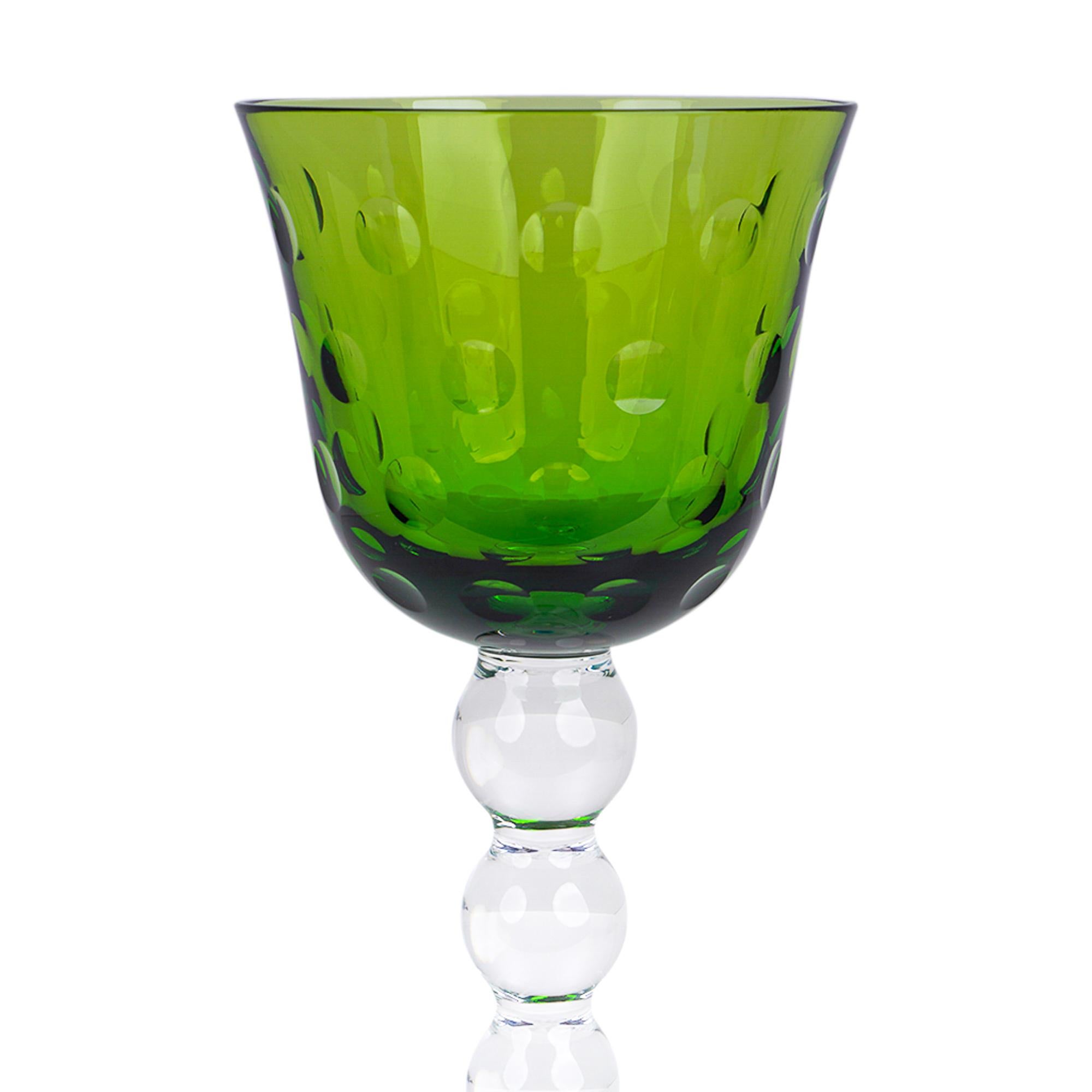 Mightychic offers Saint-Louis Bubbles Hock Wine glasses featured in Green.
Mouthblown and handcut.
Set of six handcrafted crystal glasses - each holds 3.7 oz.
Designed in 1992 by Teleri Ann Jones, the clear stems resemble a beautiful stack of