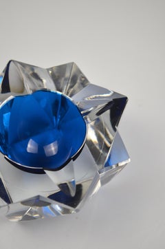 Saint-Louis Crystal Ashtray, Blue Center Faceted Design, France