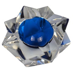 Saint-Louis Crystal Ashtray, Blue Center Faceted Design, France