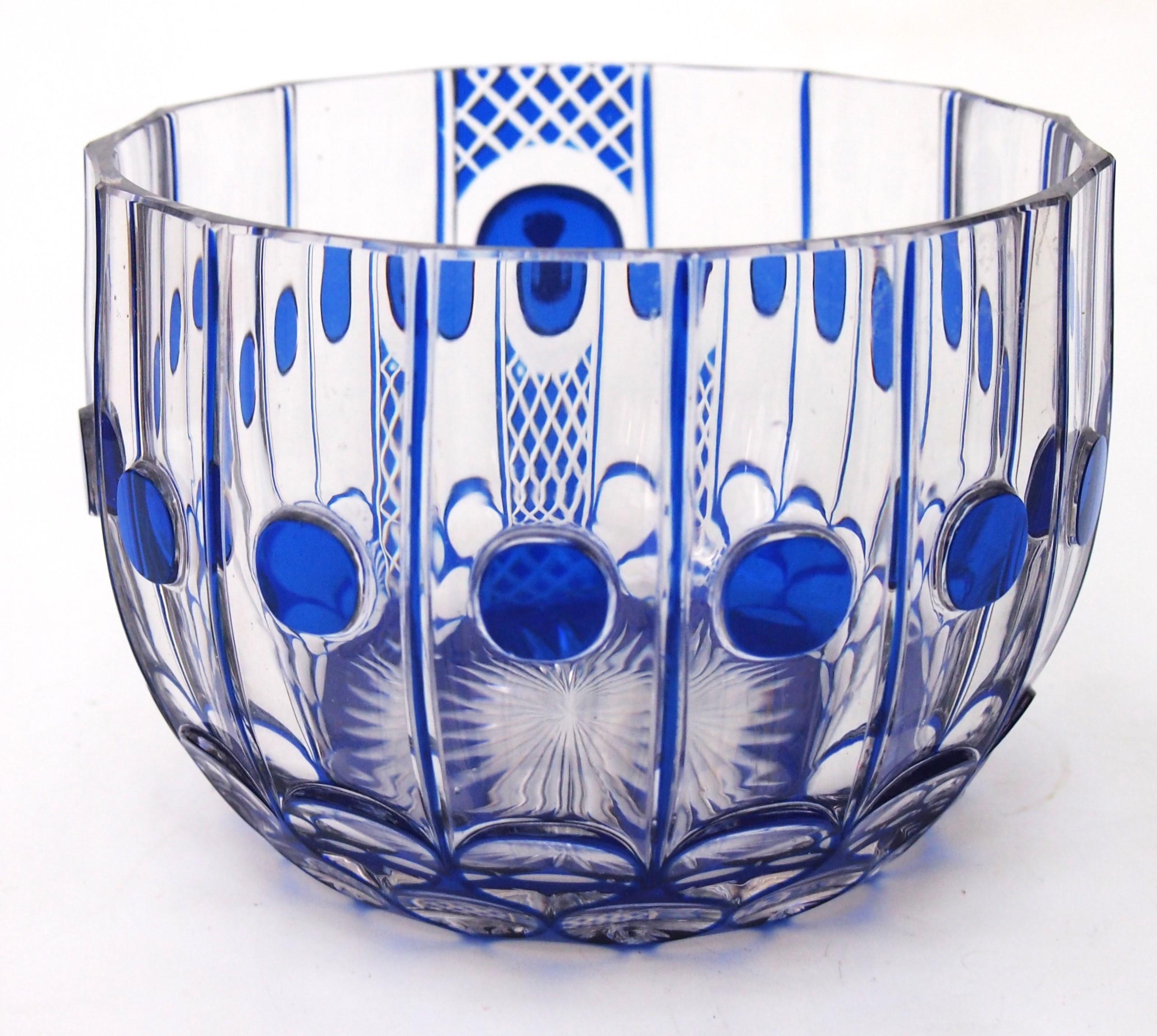 Art Nouveau Saint Louis Crystal blue cut to clear bowl with Sulphide c1910 For Sale