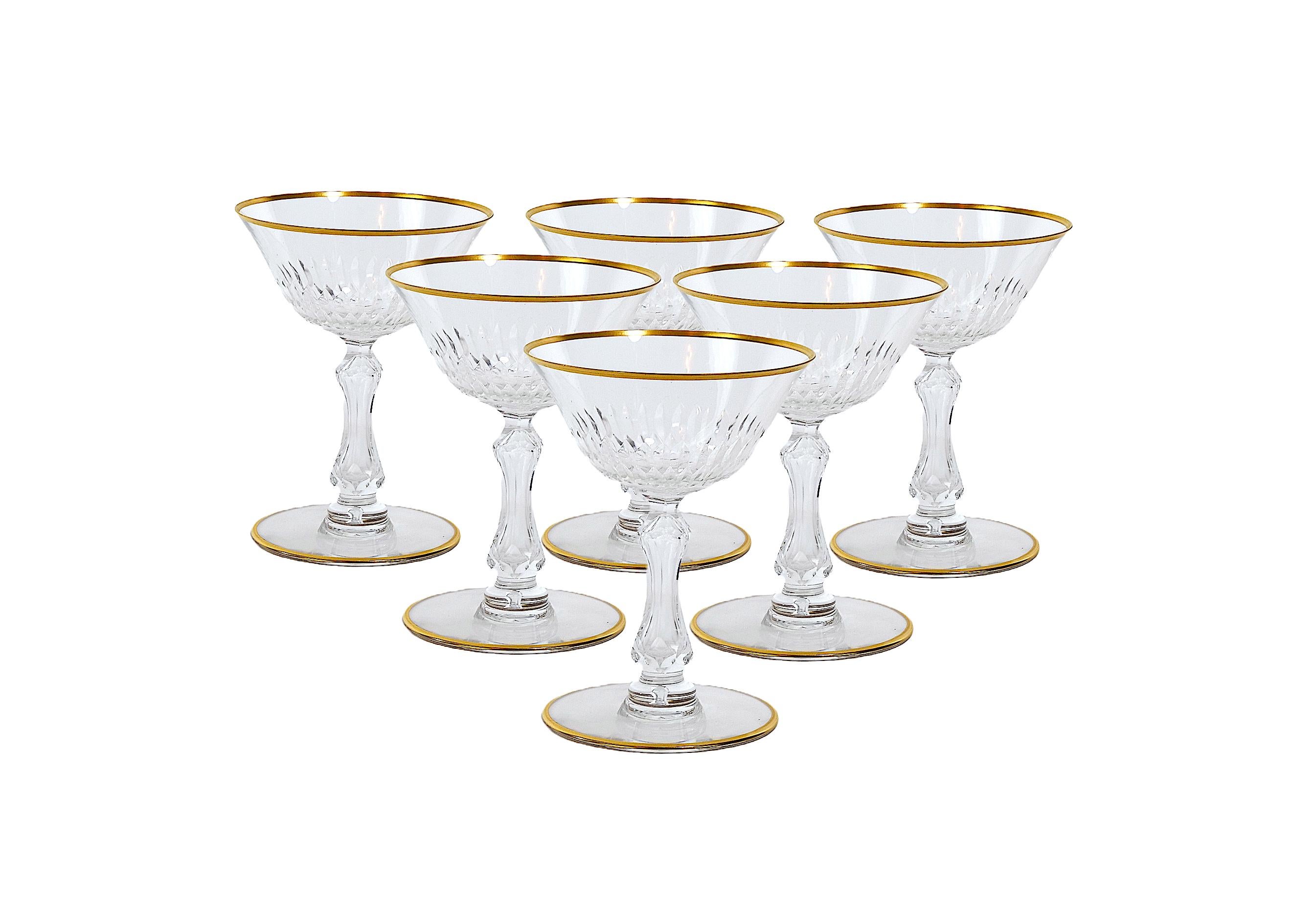 20th Century Saint Louis Crystal Gilt Gold Tableware Glassware Service / 12 People For Sale