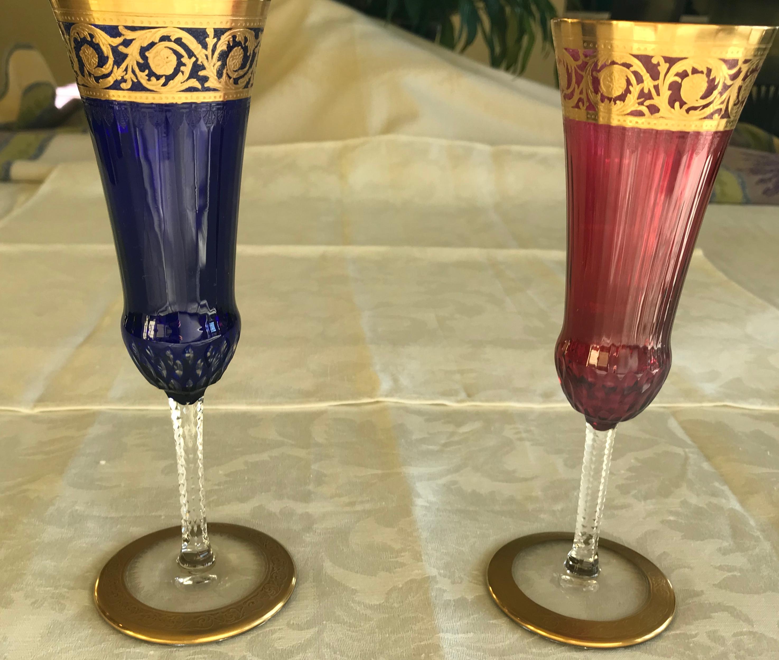 French Saint Louis Crystal Gold Thistle Cobalt and Red Champagne Flutes, Set of 2 For Sale