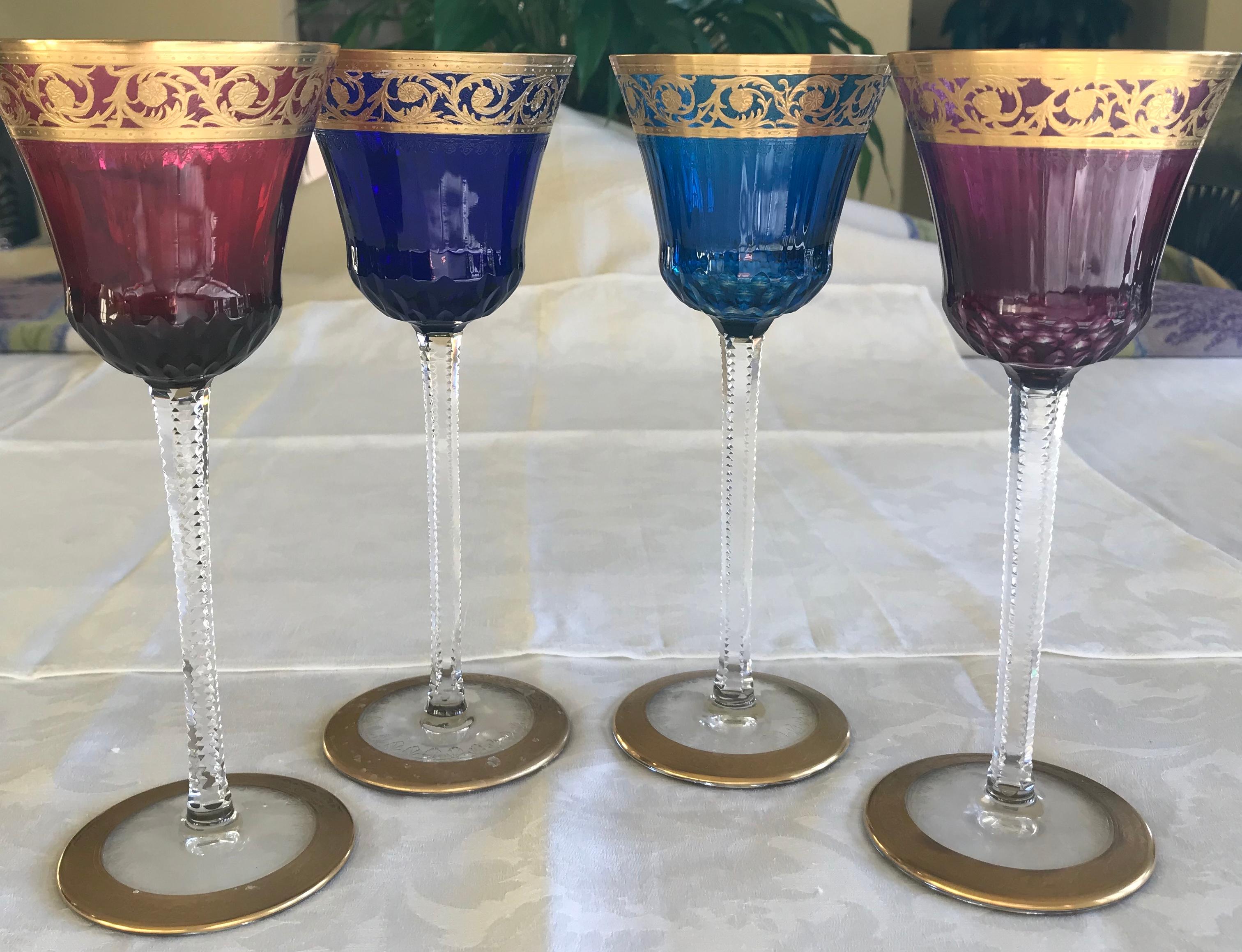 Appliqué Saint Louis Crystal Gold Thistle Cobalt and Red Champagne Flutes, Set of 2 For Sale
