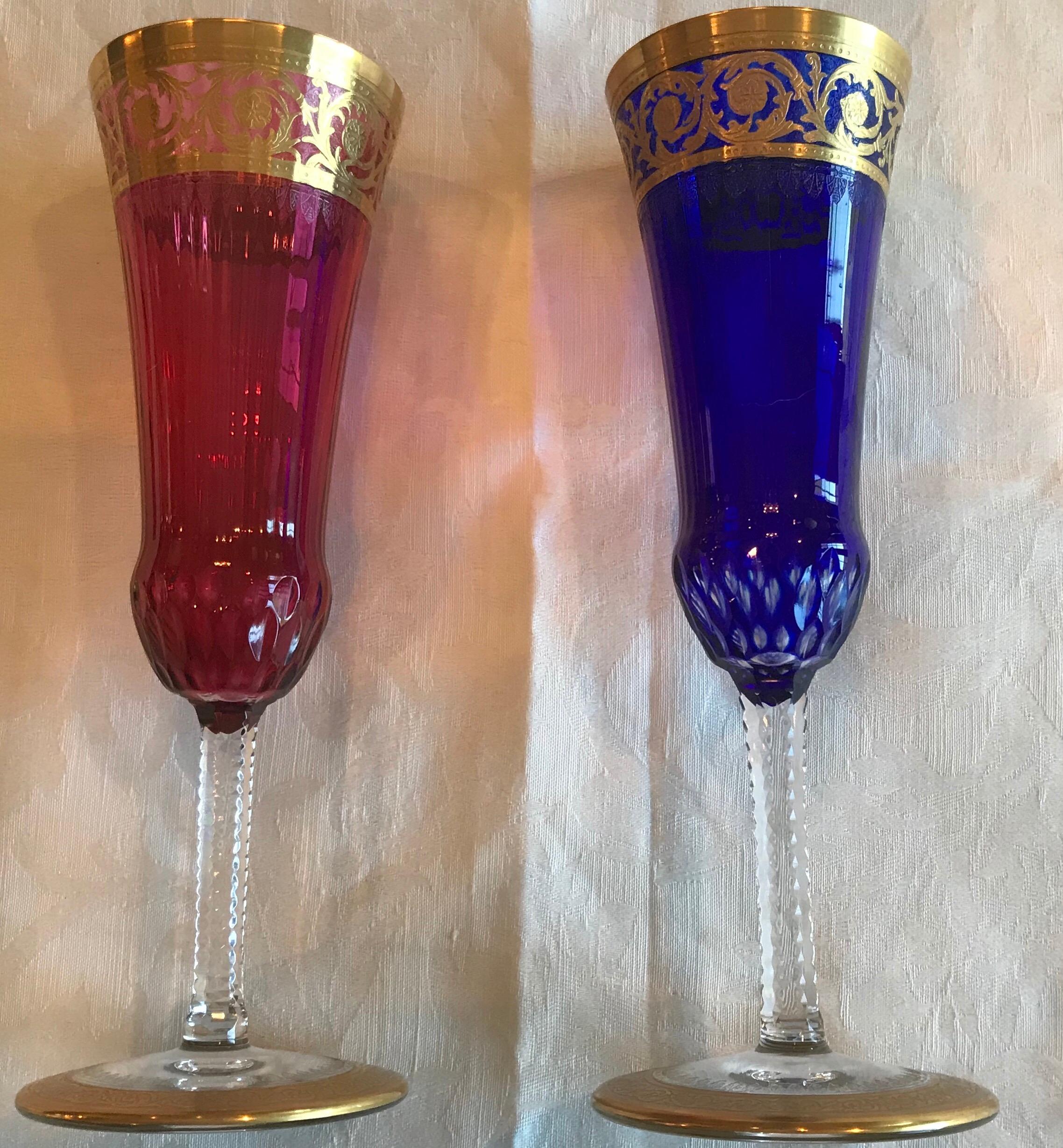 Saint Louis Crystal Gold Thistle Cobalt and Red Champagne Flutes, Set of 2 In Excellent Condition For Sale In South Newfane, VT