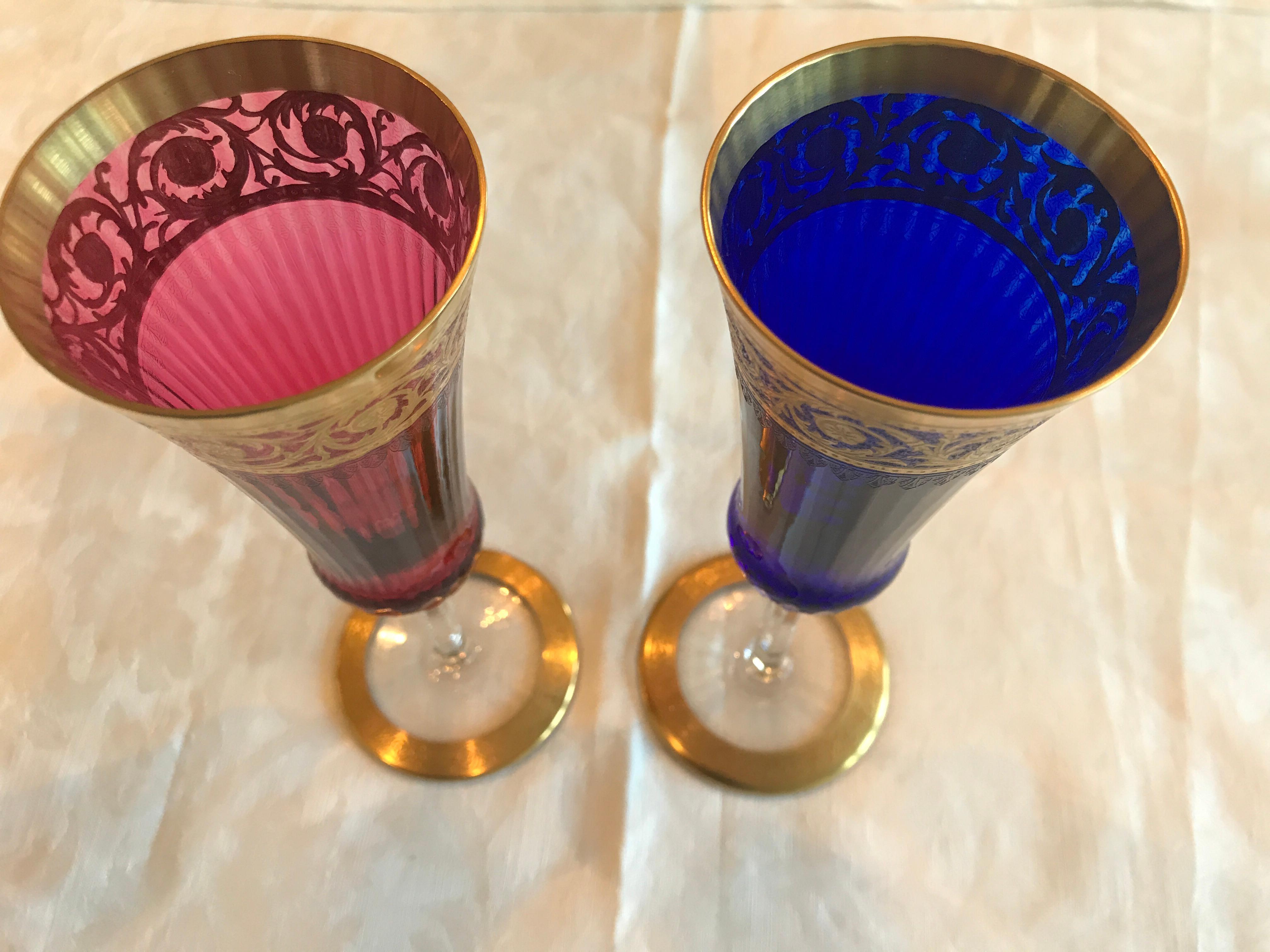 20th Century Saint Louis Crystal Gold Thistle Cobalt and Red Champagne Flutes, Set of 2 For Sale