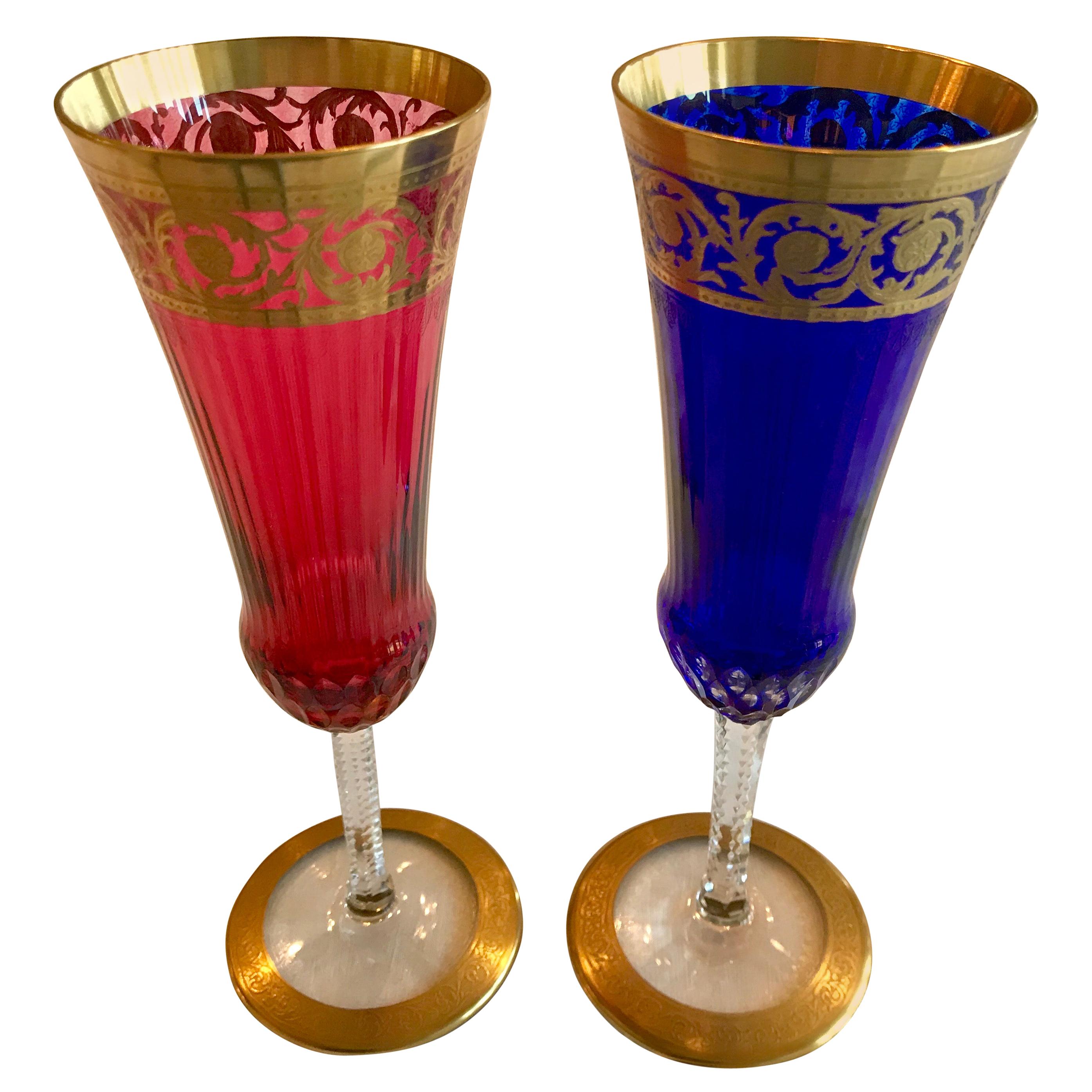 Saint Louis Crystal Gold Thistle Cobalt and Red Champagne Flutes, Set of 2 For Sale