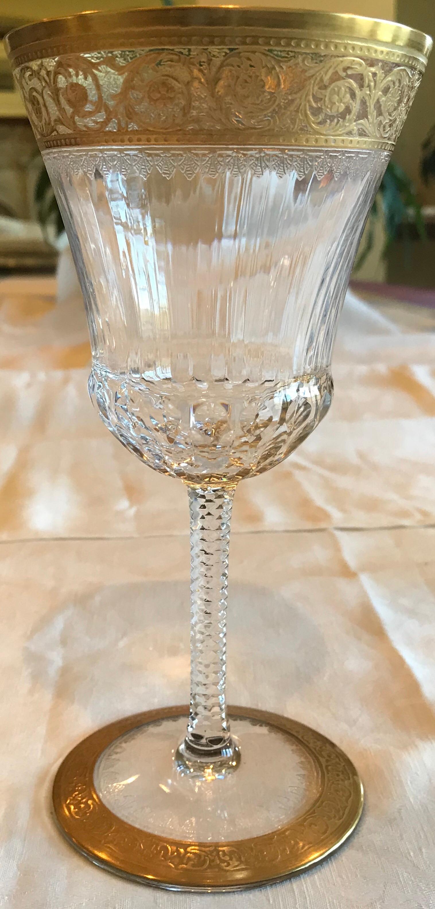 Appliqué Saint Louis Crystal Gold Thistle Fluted American Water Goblets, Set of 3 For Sale