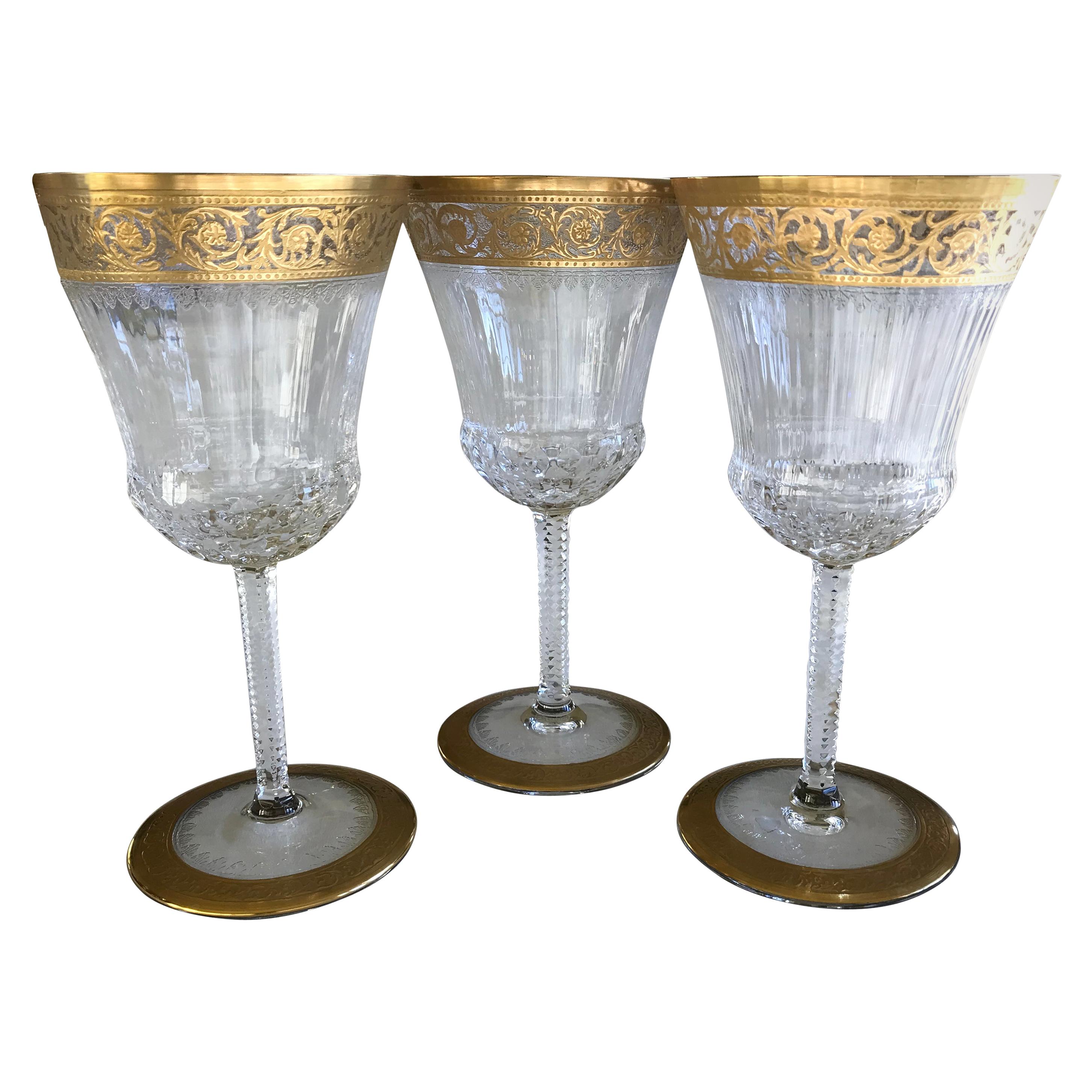 Saint Louis Crystal Gold Thistle Fluted American Water Goblets, Set of 3 For Sale