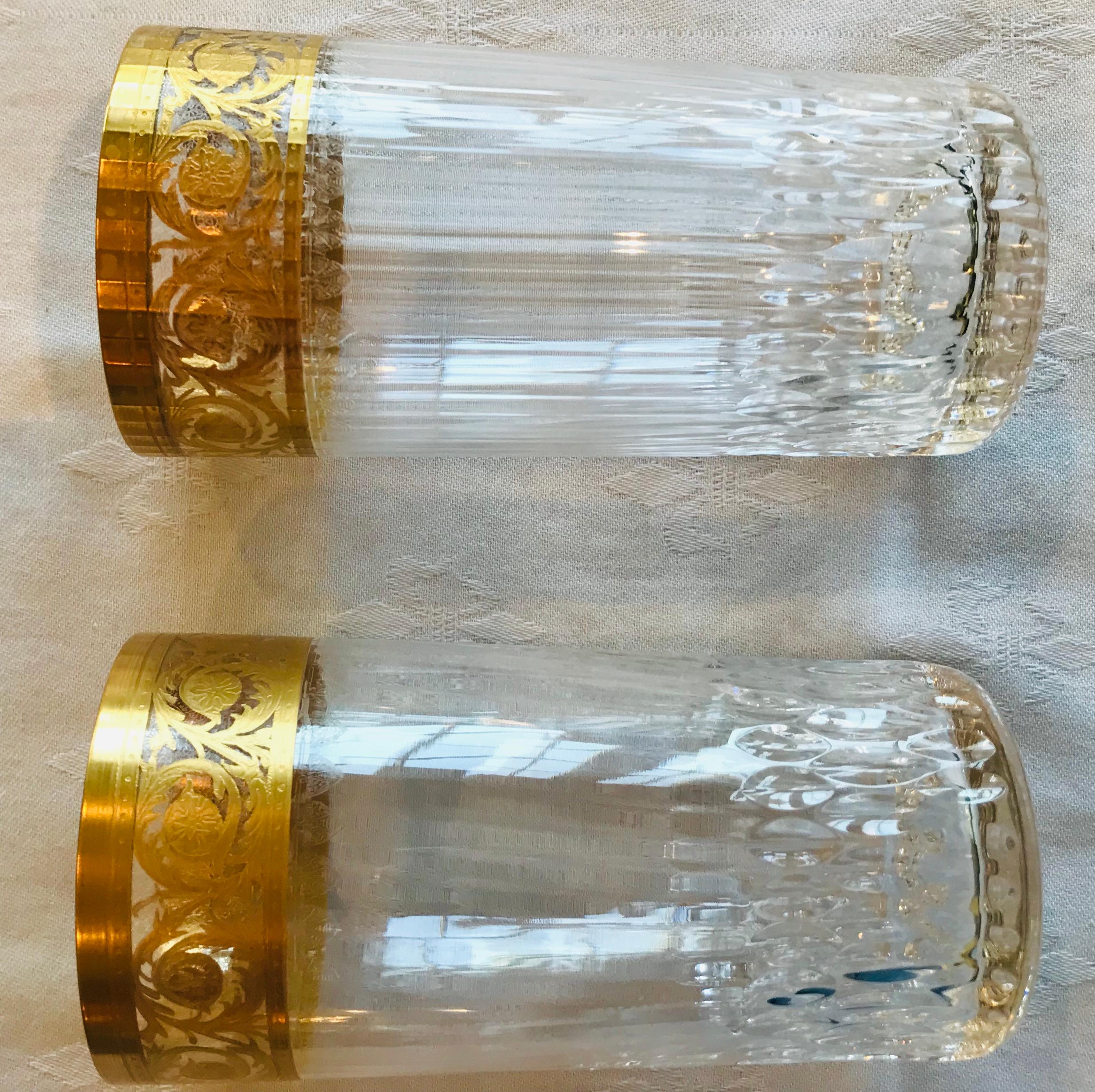 French Saint Louis Crystal Gold Thistle Fluted Highball Tumblers, Set of 2 For Sale