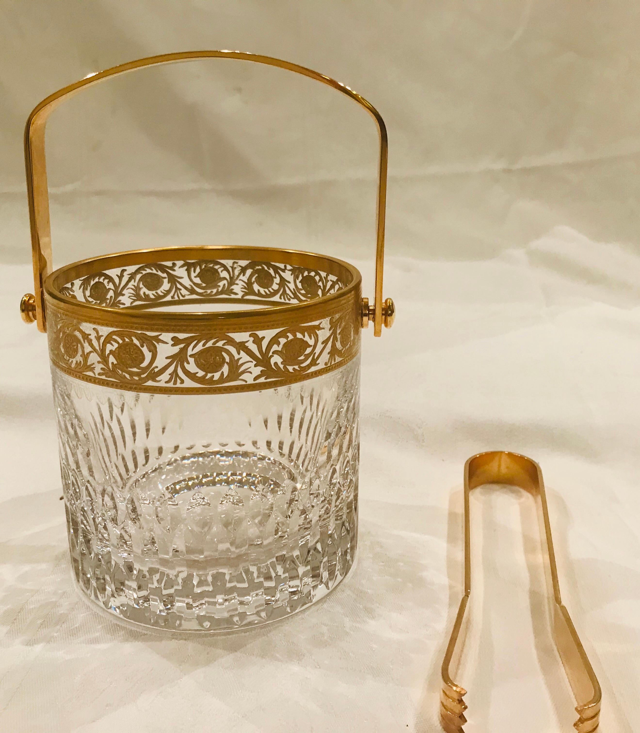 French Saint Louis Crystal Gold Thistle Ice Bucket with Handle and Tongs
