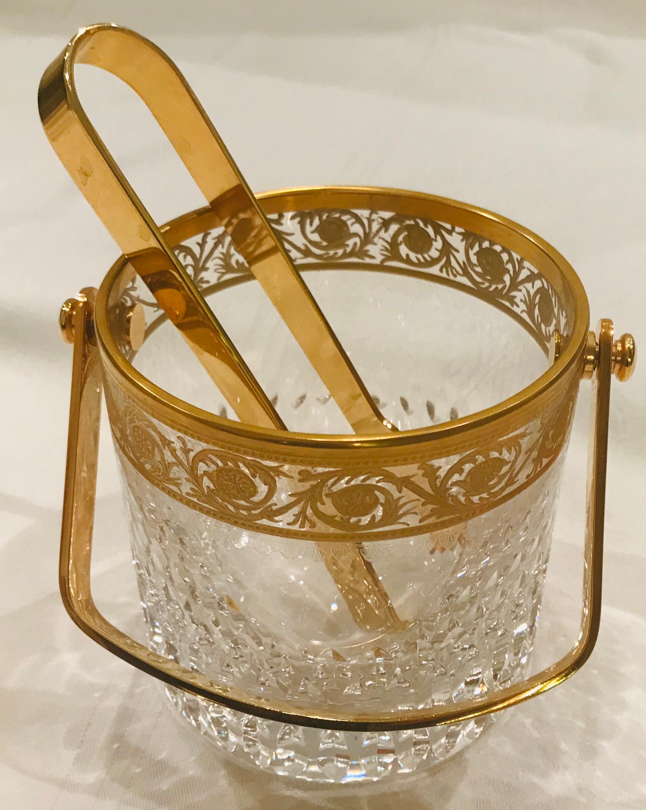 Appliqué Saint Louis Crystal Gold Thistle Ice Bucket with Handle and Tongs