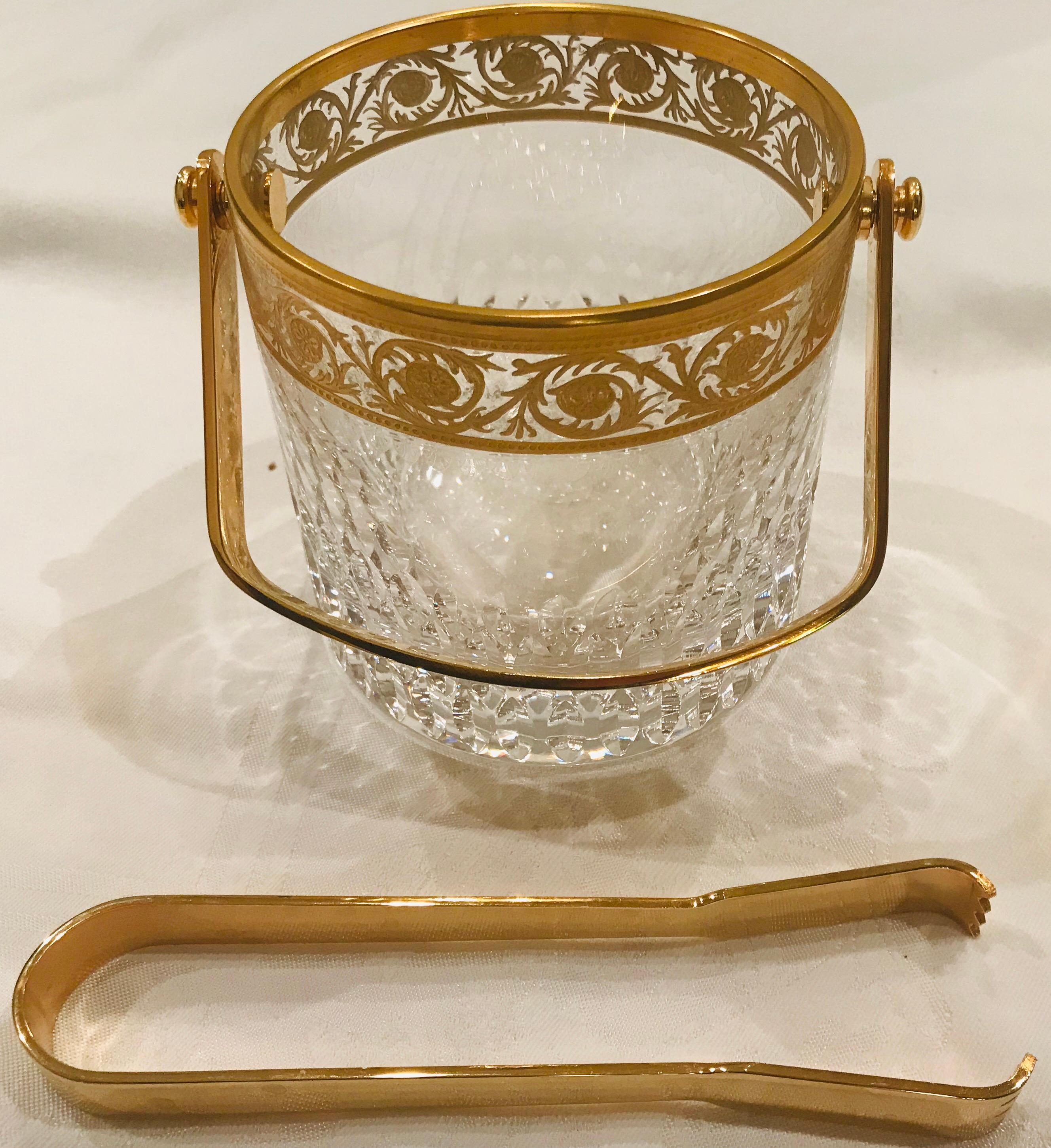 20th Century Saint Louis Crystal Gold Thistle Ice Bucket with Handle and Tongs