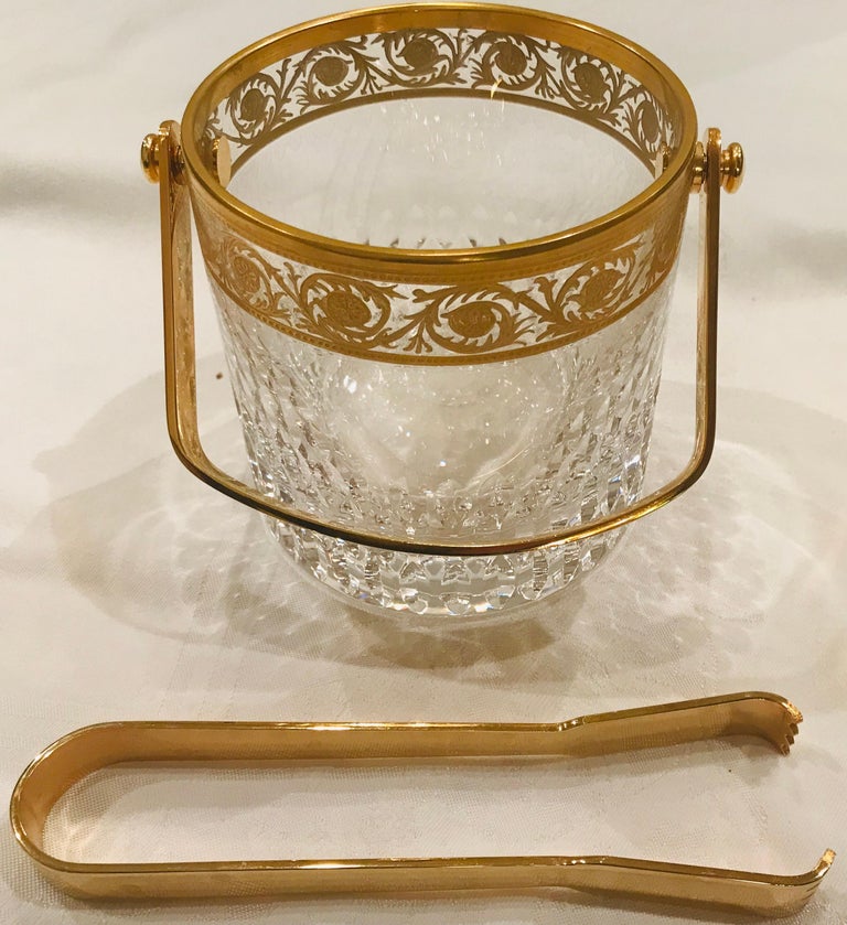 Saint Louis Crystal Gold Thistle Ice Bucket with Handle and Tongs at 1stDibs