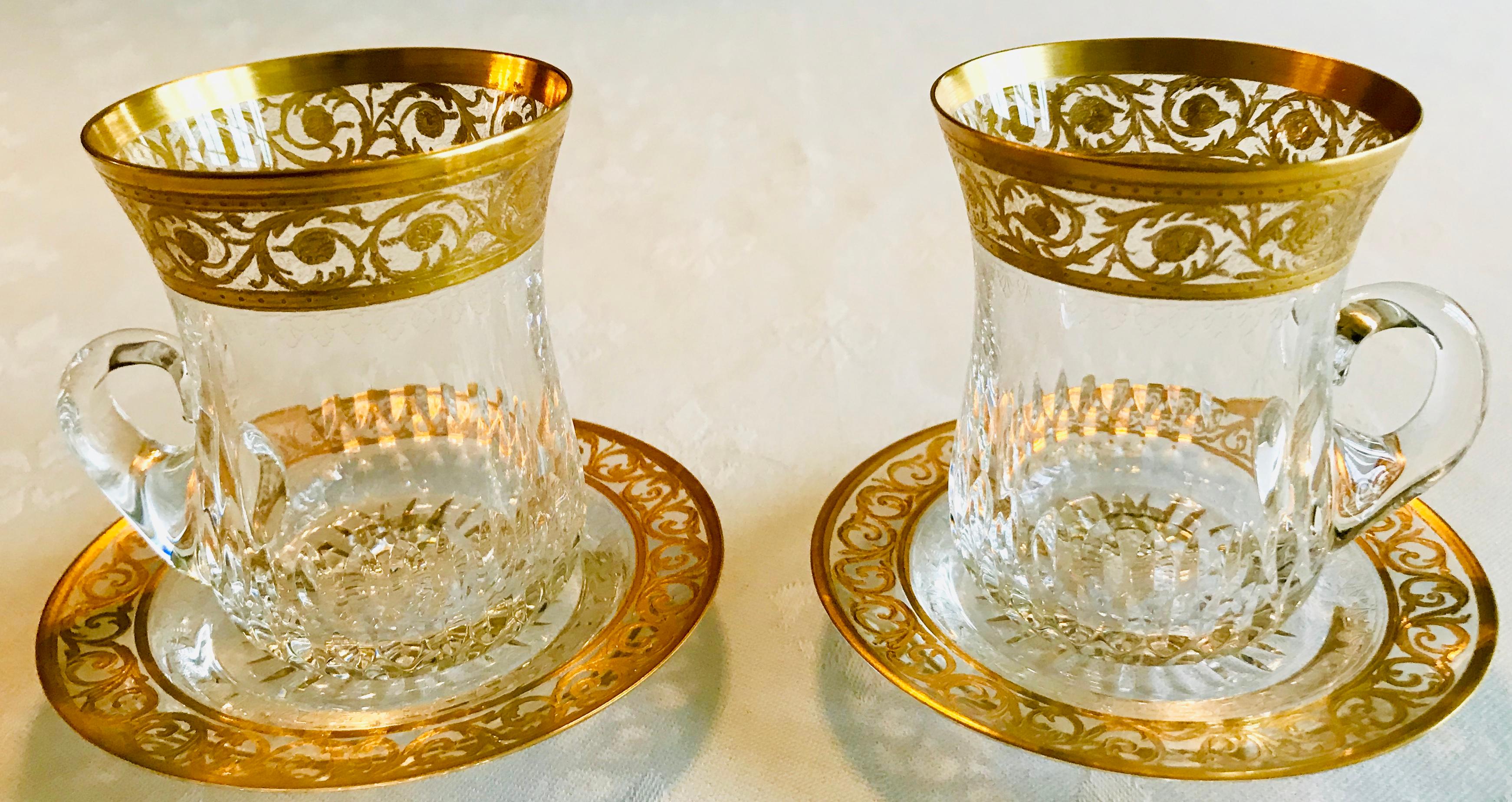 Saint Louis Crystal Gold Thistle Teacup with Handle and Saucer, Set of 2 In Good Condition In South Newfane, VT