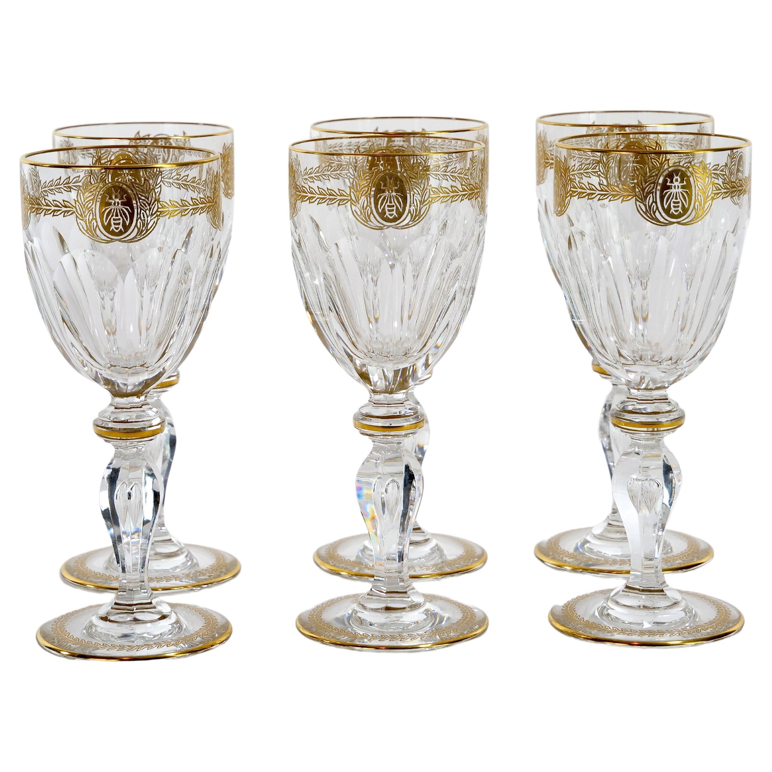 Richly hand cut and mouth blown with hand gilt gold bees design top details and stem garland wreath design barware and tableware wine glass service for 6 people. Each glass features a deep cuts that allow the light to retract and shine to a