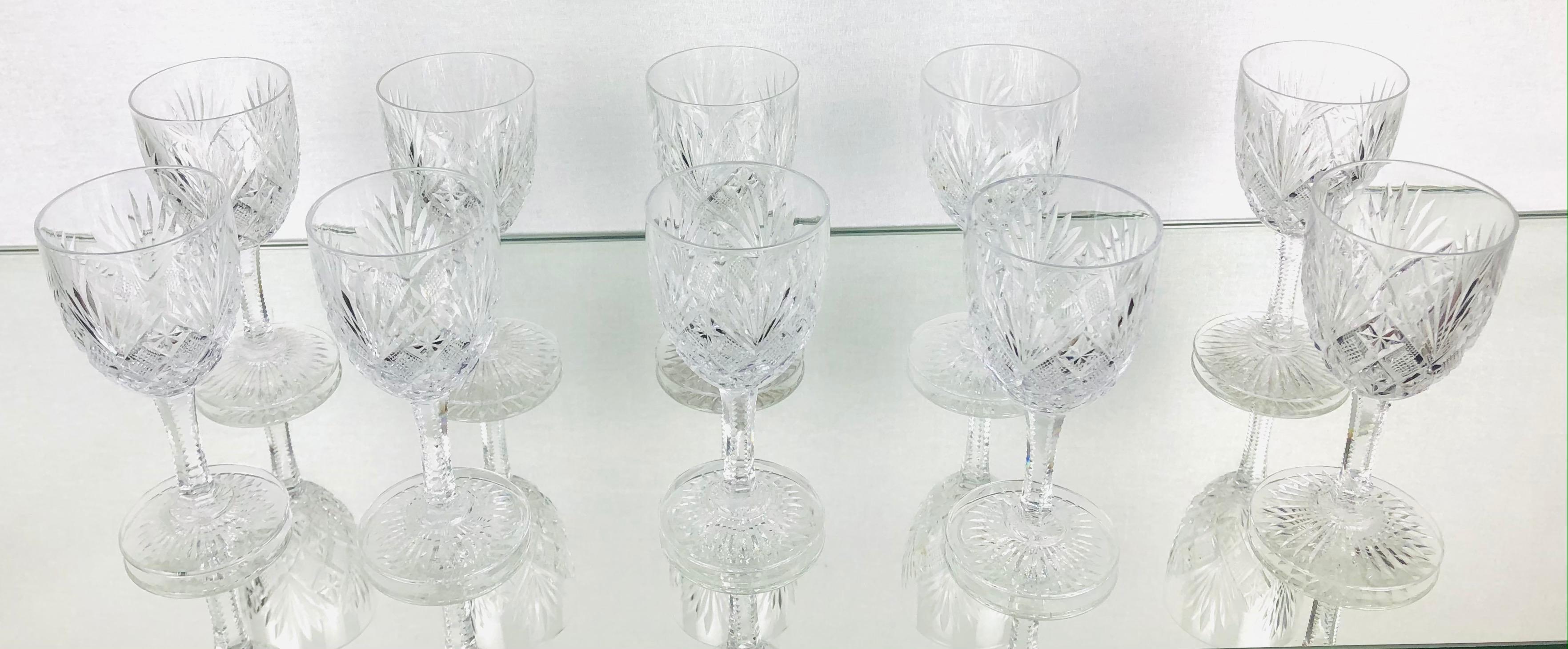 20th Century Set of 10 Rare Art Deco Era Saint Louis Crystal Wine Glasses, Gavarni Model