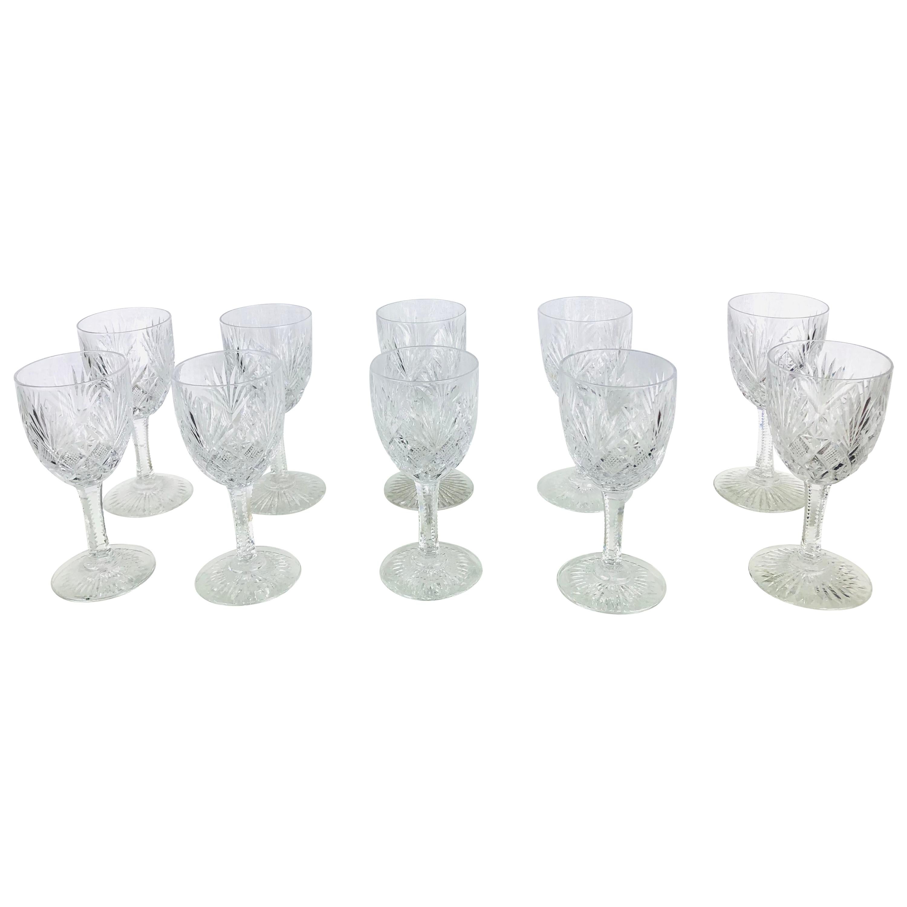 Set of 10 Rare Art Deco Era Saint Louis Crystal Wine Glasses, Gavarni Model