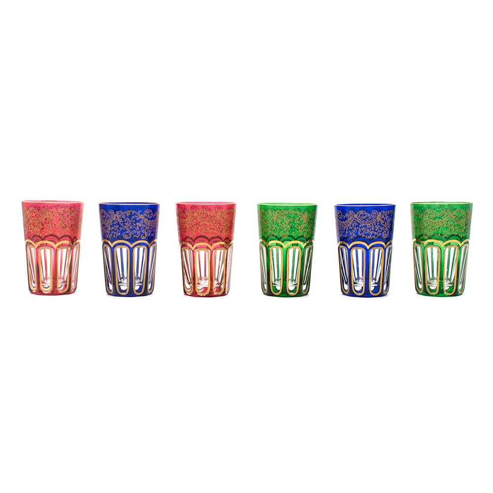 Set of 6 Saint Louis Rabat fine glass tea tumblers embellished with a gold arabic motiv. These tea cups are a tribute to the tea tradition. 

-  With 24 carat gold

Please note, these items are pre-owned and may show signs of being stored even when