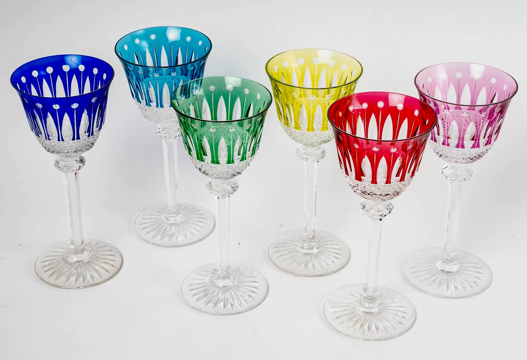 Art Deco Saint Louis, Set of Roemer Tommy Engraved Colored Crystal Glasses, 12 Pieces