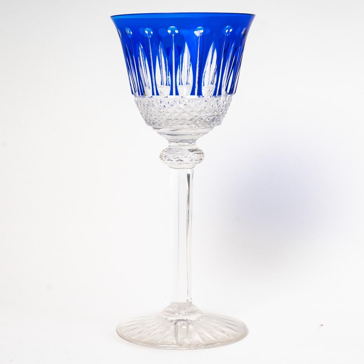 French Saint Louis, Set of Roemer Tommy Engraved Colored Crystal Glasses, 12 Pieces
