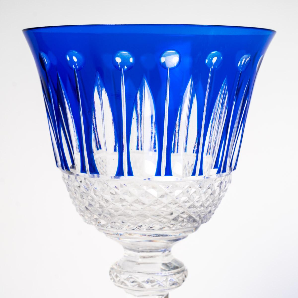 Molded Saint Louis, Set of Roemer Tommy Engraved Colored Crystal Glasses, 12 Pieces