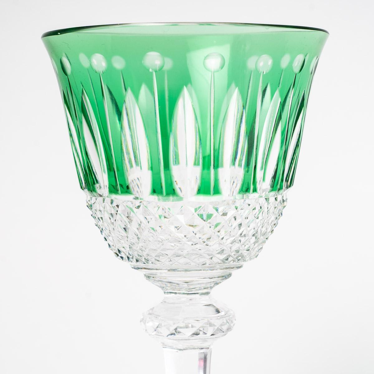 Early 20th Century Saint Louis, Set of Roemer Tommy Engraved Colored Crystal Glasses, 12 Pieces