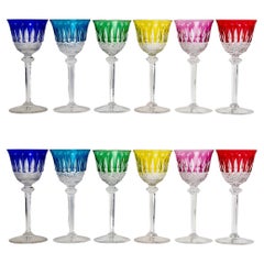 Saint Louis, Set of Roemer Tommy Engraved Colored Crystal Glasses, 12 Pieces