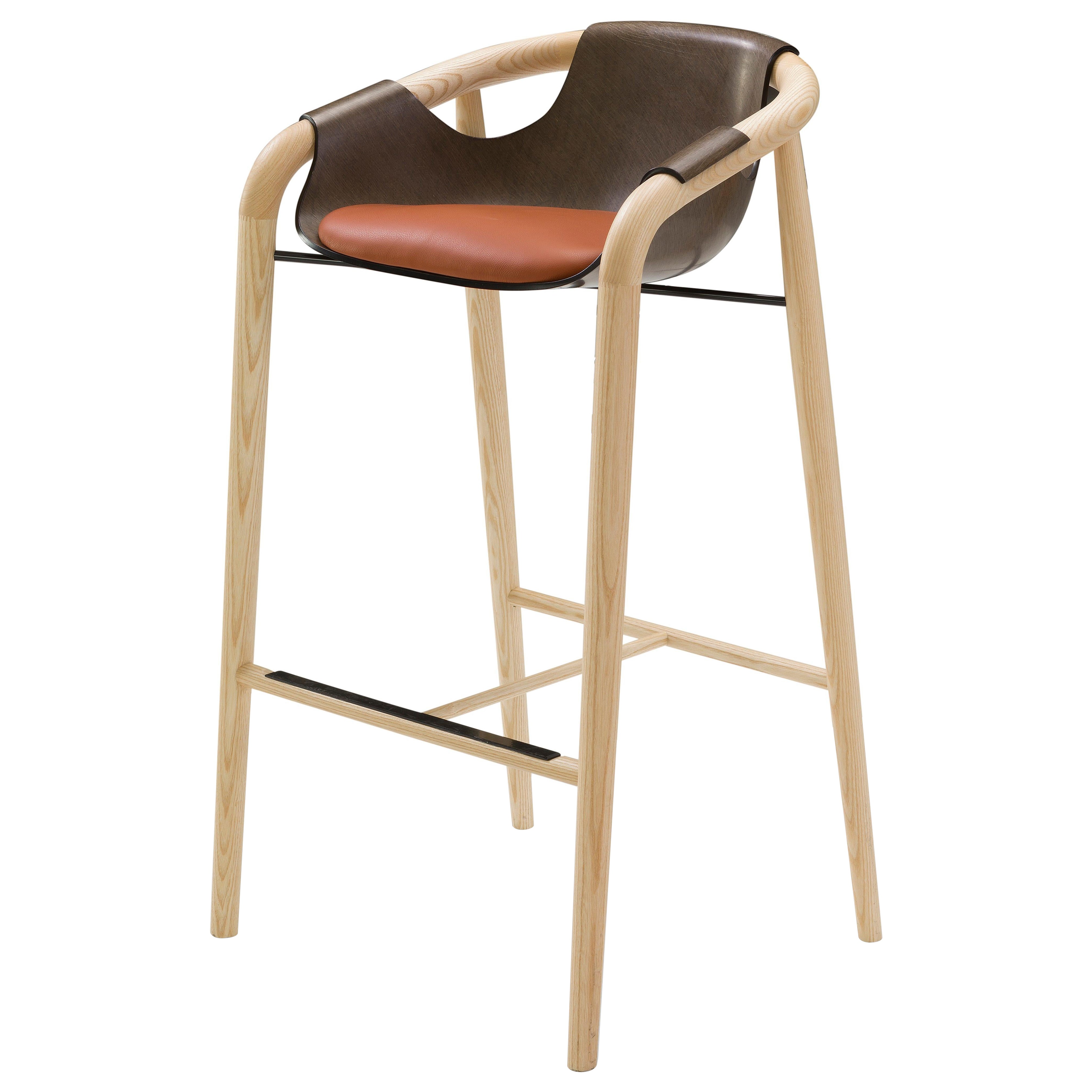Saint Luc 
Hamac
 High Stool in Light Wood and Orange Cushion by J.P. Nuel For Sale