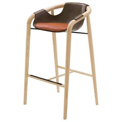 Saint Luc 'Hamac' High Stool in Light Wood and Orange Cushion by J.P. Nuel